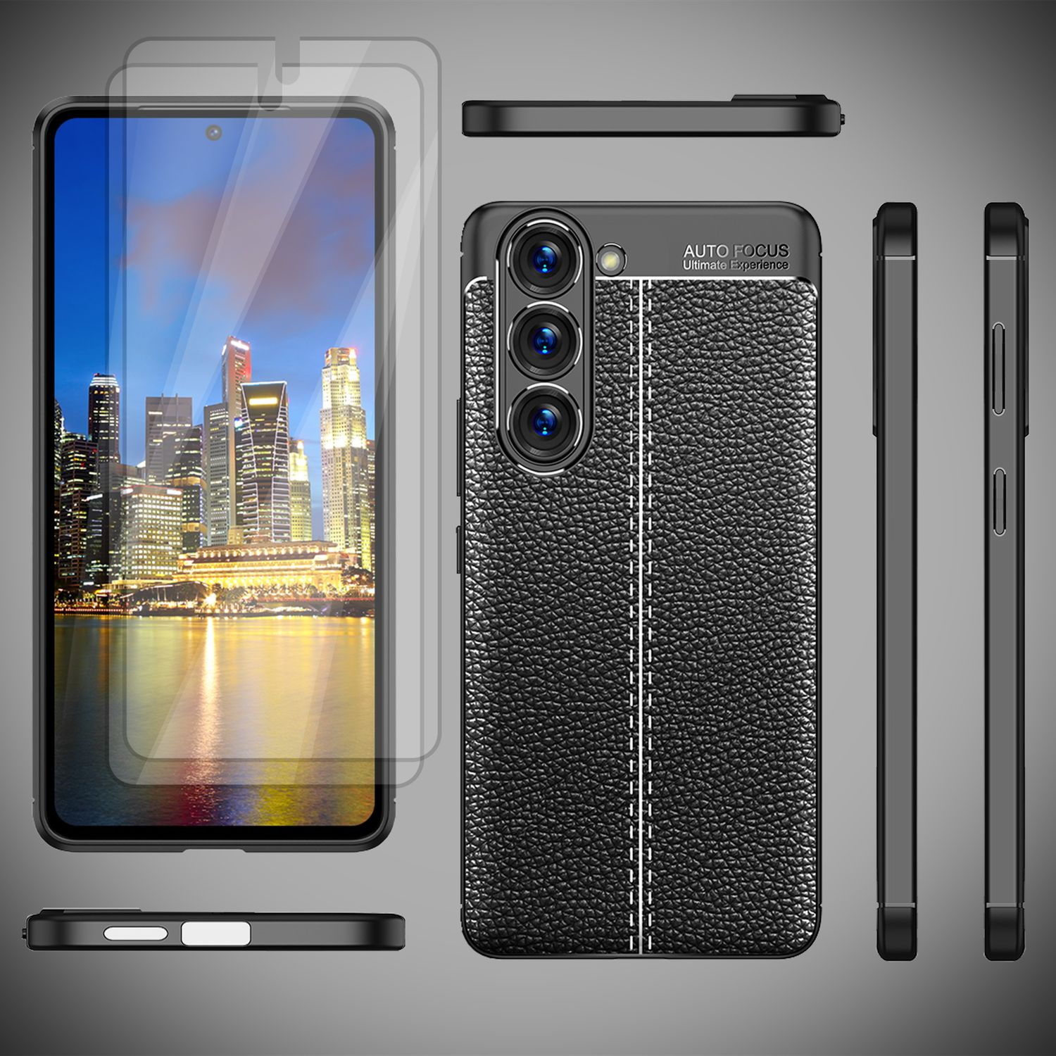 Schwarze Handyhülle mit Handy. Mehrere Ansichten der Hülle. Displayschutz daneben.