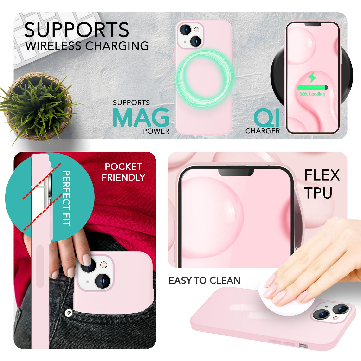 Eine rosa Handyhülle, ein kabelloses Ladegerät und die Funktionen werden gezeigt.