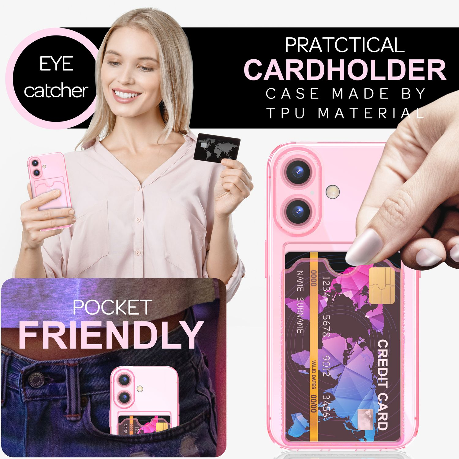 Frau hält rosa Handyhülle mit Kartenfach und Karte. Hülle hat Telefon im Inneren. Text und grafische Elemente.