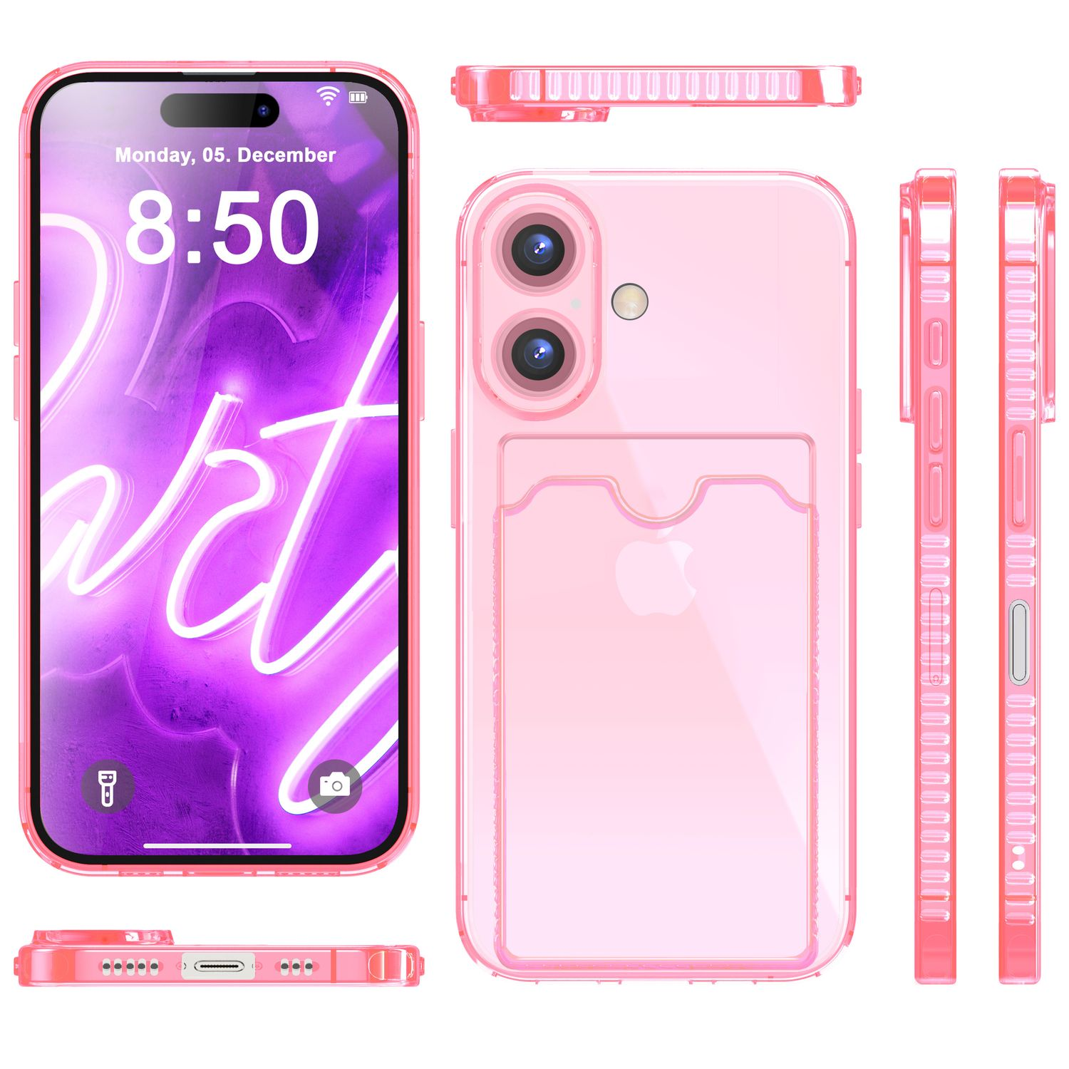 Rosa iPhone-Hülle mit einem Telefon, das die Uhrzeit anzeigt. Mehrere Ansichten zeigen die Front-, Rück- und Seitenprofile.