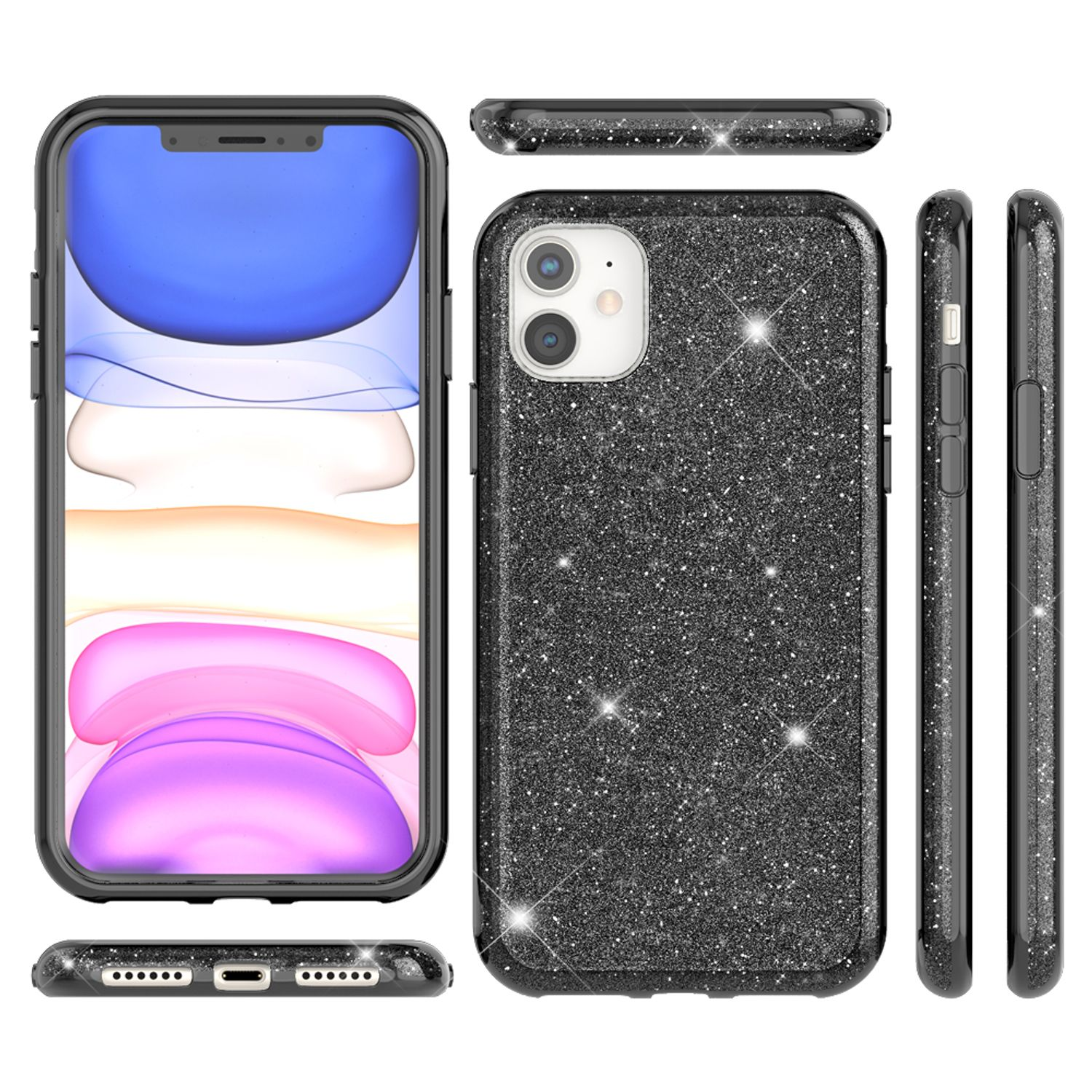 Funda de teléfono, múltiples vistas. Diseño negro y brillante. Pantalla del teléfono visible, bordes redondeados, fondo negro.