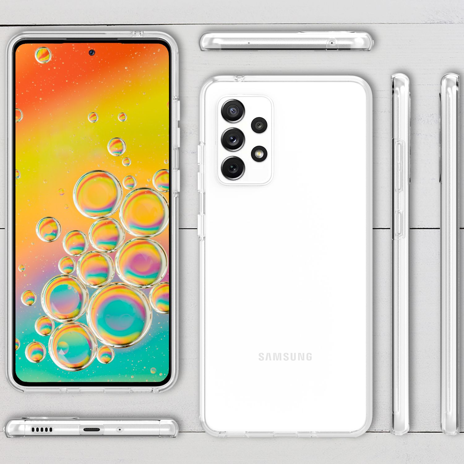 Transparente Handyhülle mit Samsung-Telefon. Verschiedene Winkel zeigen Hülle und Telefon.