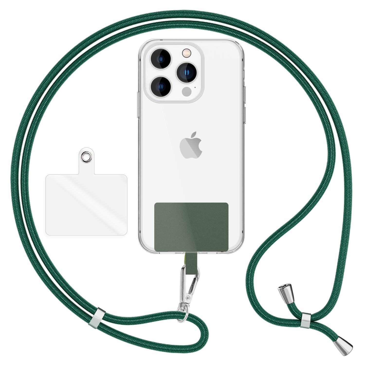 Funda transparente con cordón verde. Teléfono Apple. El cordón es verde.