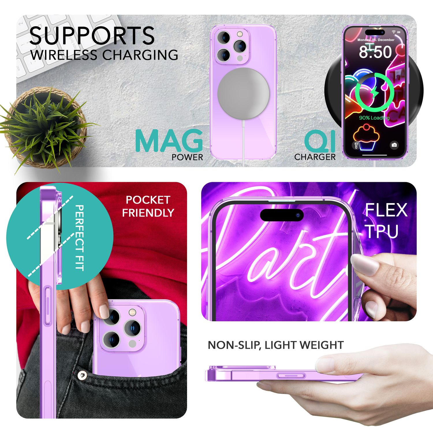 Funda de teléfono púrpura con cargador MagSafe. Múltiples vistas y características mostradas.