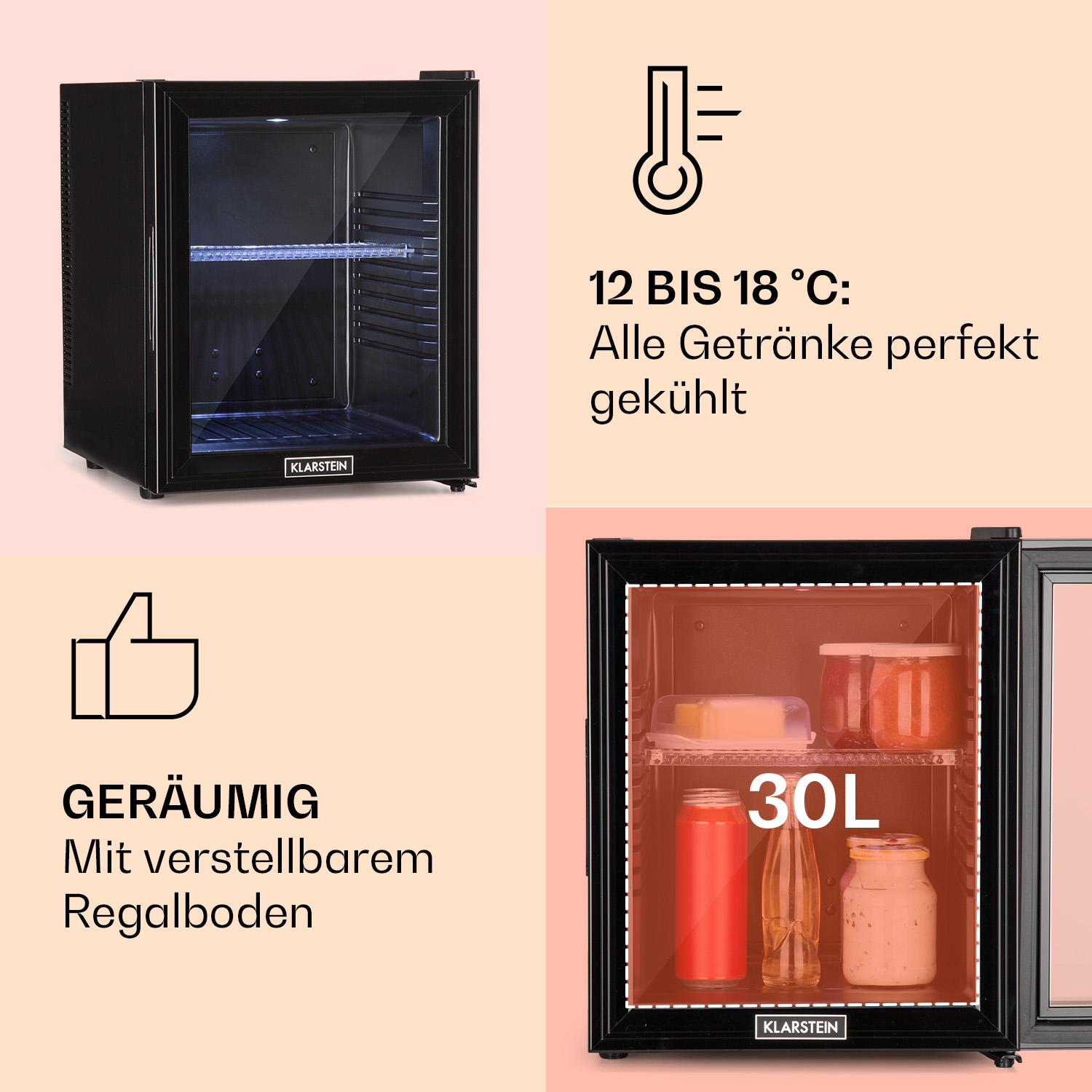 Schwarzer Minikühlschrank mit Glastür, Getränke innen. Text: 12-18°C, Getränke perfekt gekühlt.