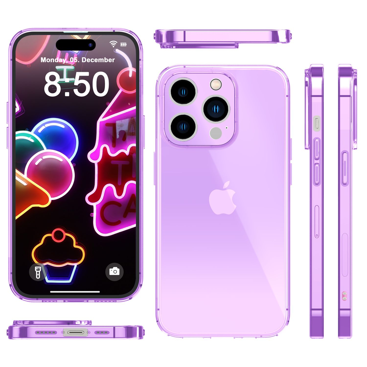 iPhone morado en funda transparente, varios ángulos. Pantalla muestra iconos de aplicaciones y hora. Funda transparente.