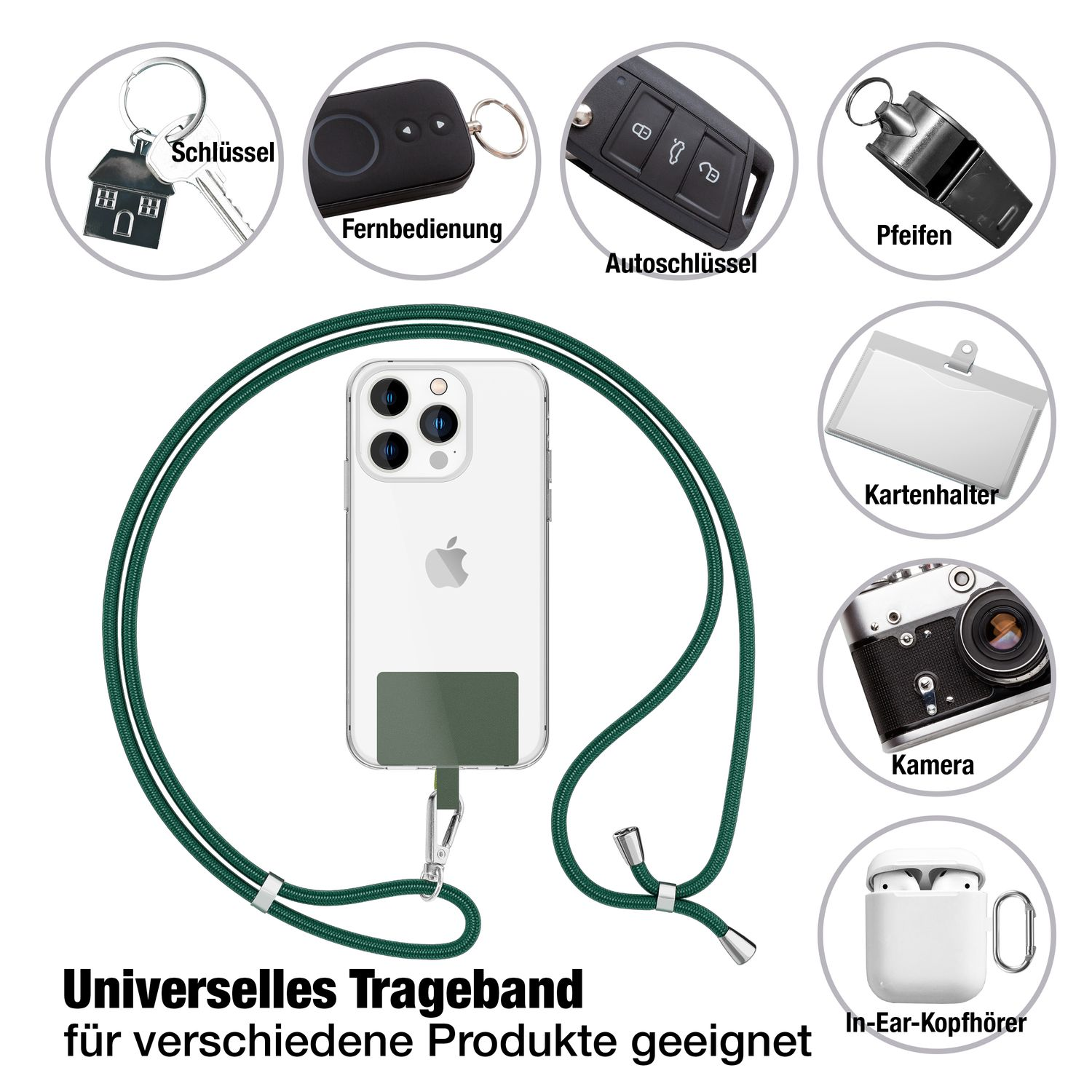 Accesorios alrededor de un teléfono con correa verde. Incluye llaves, silbato, tarjetero, cámara y auriculares.
