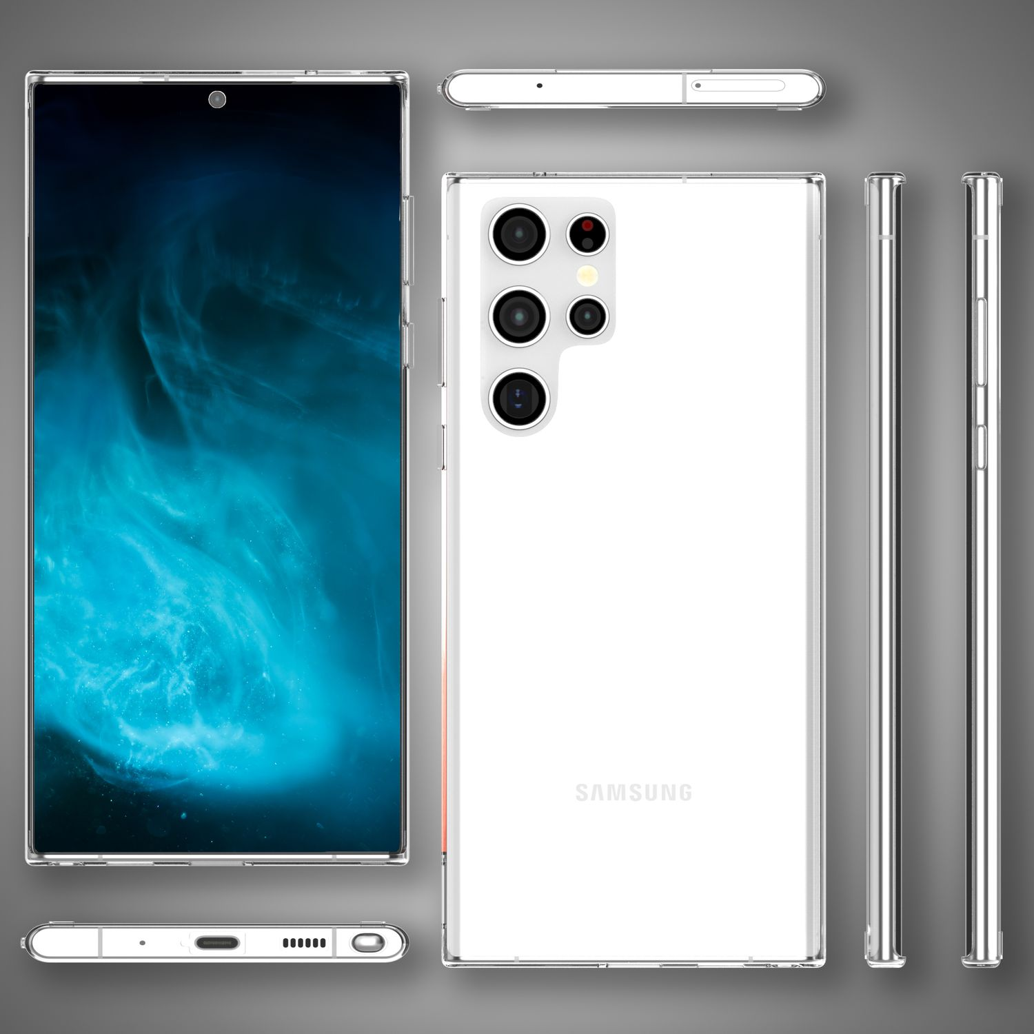 Weißes Samsung-Telefon, mehrere Winkel. Transparente Hülle. Hintergrund ist grau.