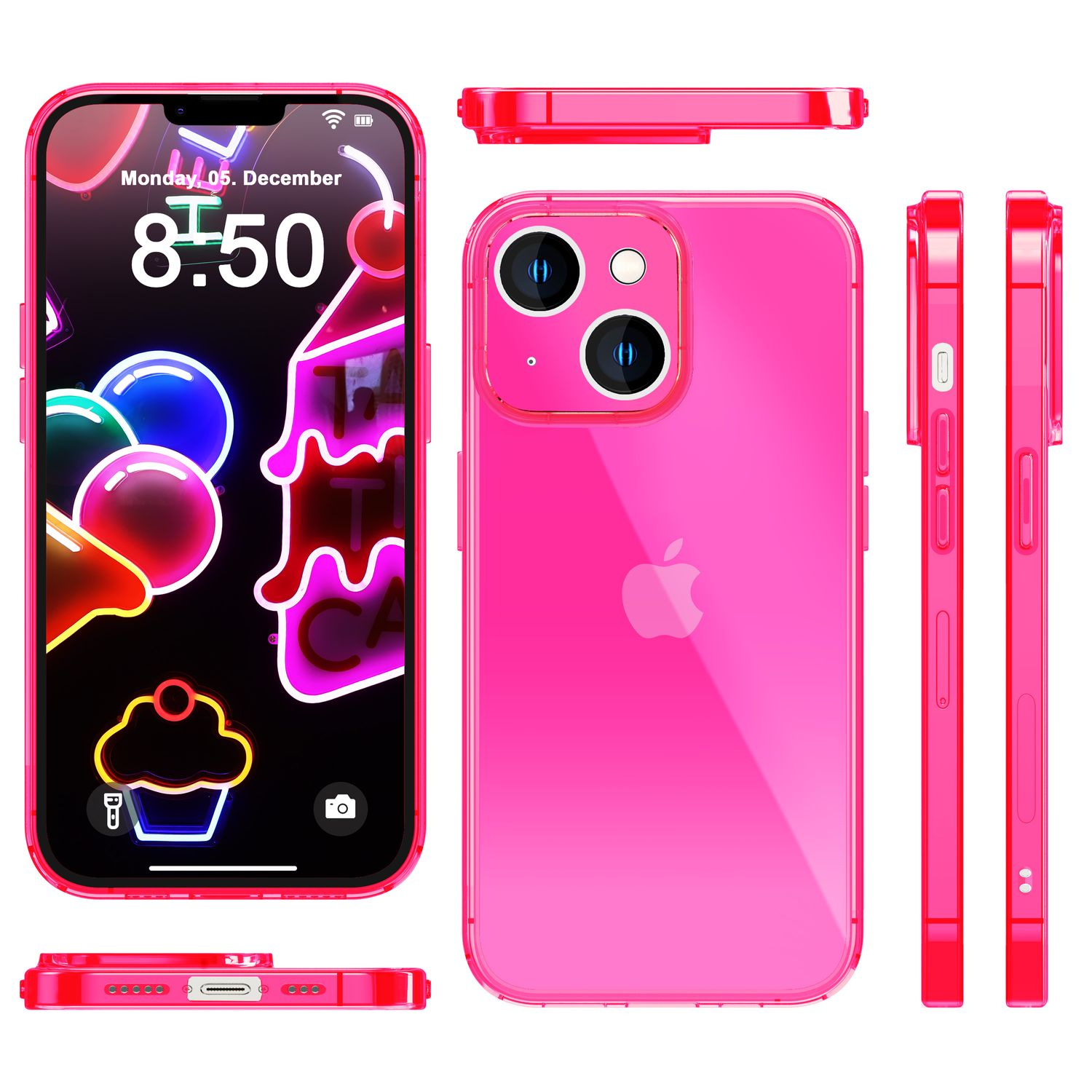 iPhone rosa en funda transparente, varias vistas. Pantalla muestra iconos de aplicaciones y hora.