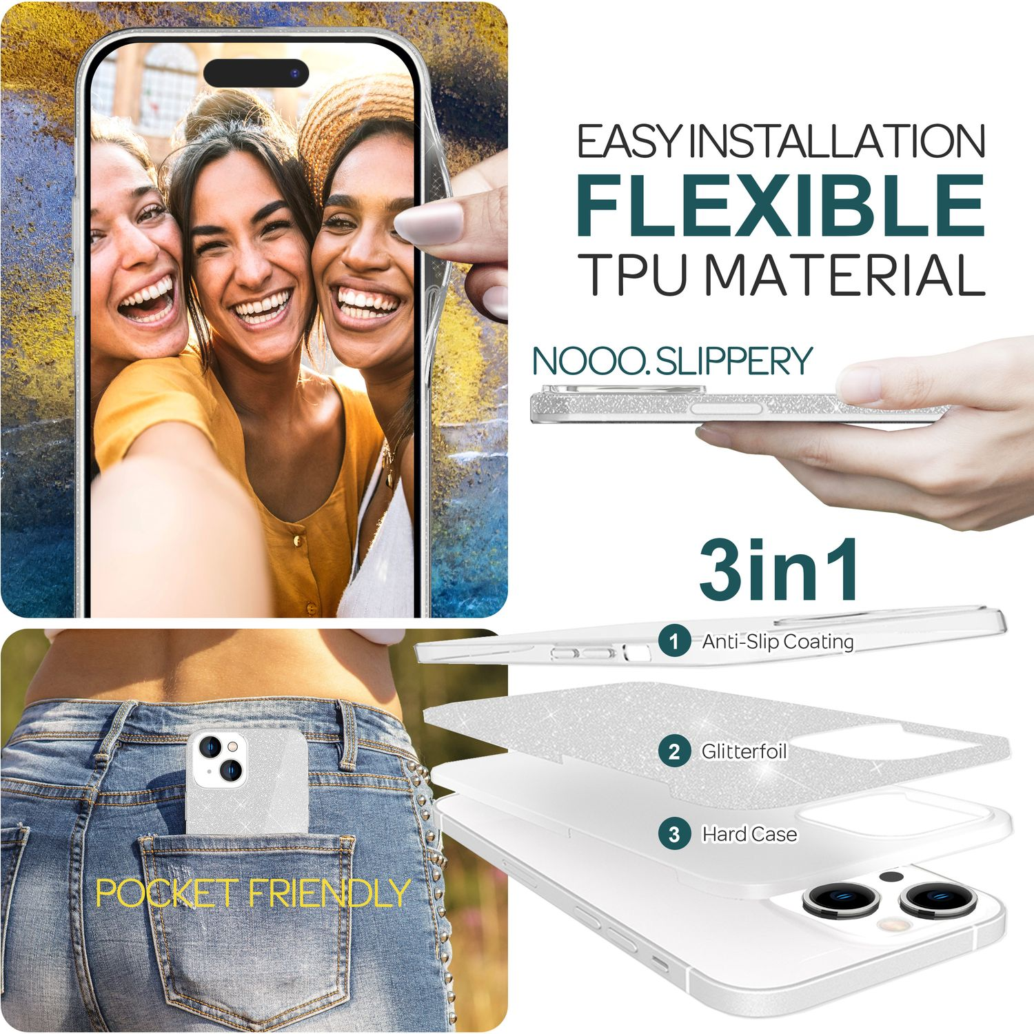Eine Collage mit einer Handyhülle, einem Selfie und einer Person, die ein Telefon hält. Weißer Hintergrund.