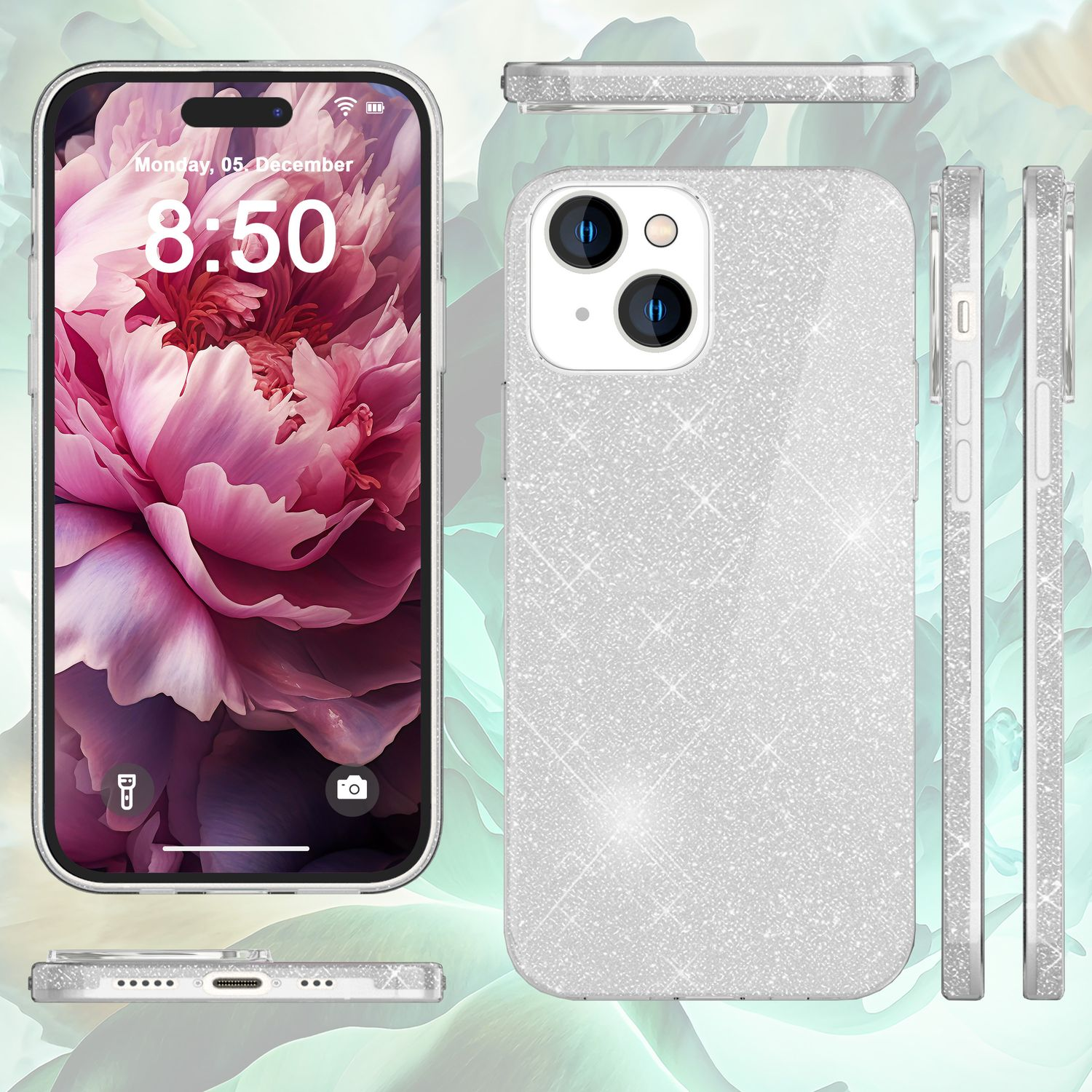 Handyhülle mit Glitzerdesign, Telefon sichtbar. Mehrere Ansichten. Weißer Hintergrund.