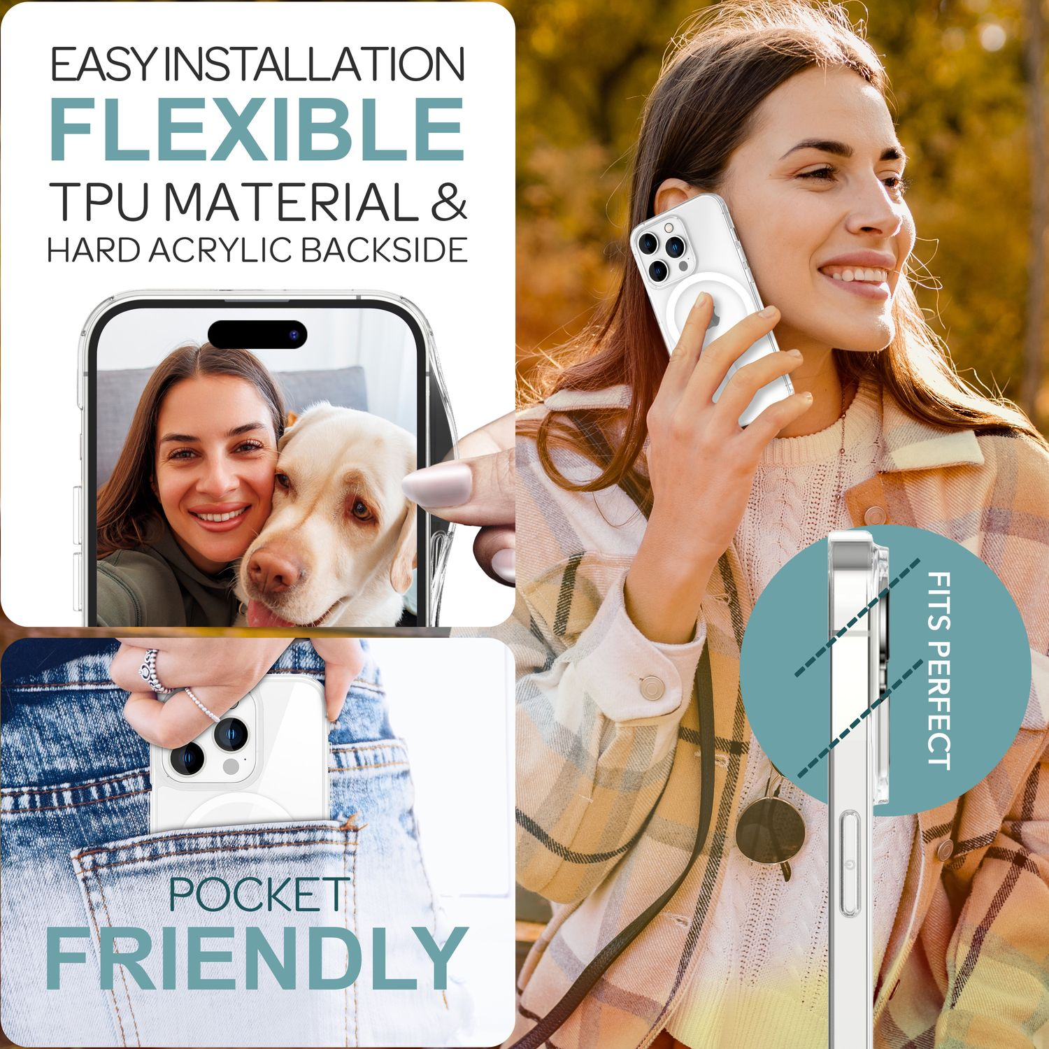Eine Frau hält ein Telefon in einer transparenten Hülle, die Produktmerkmale zeigt: flexibles TPU, hartes Acryl, taschenfreundlich.