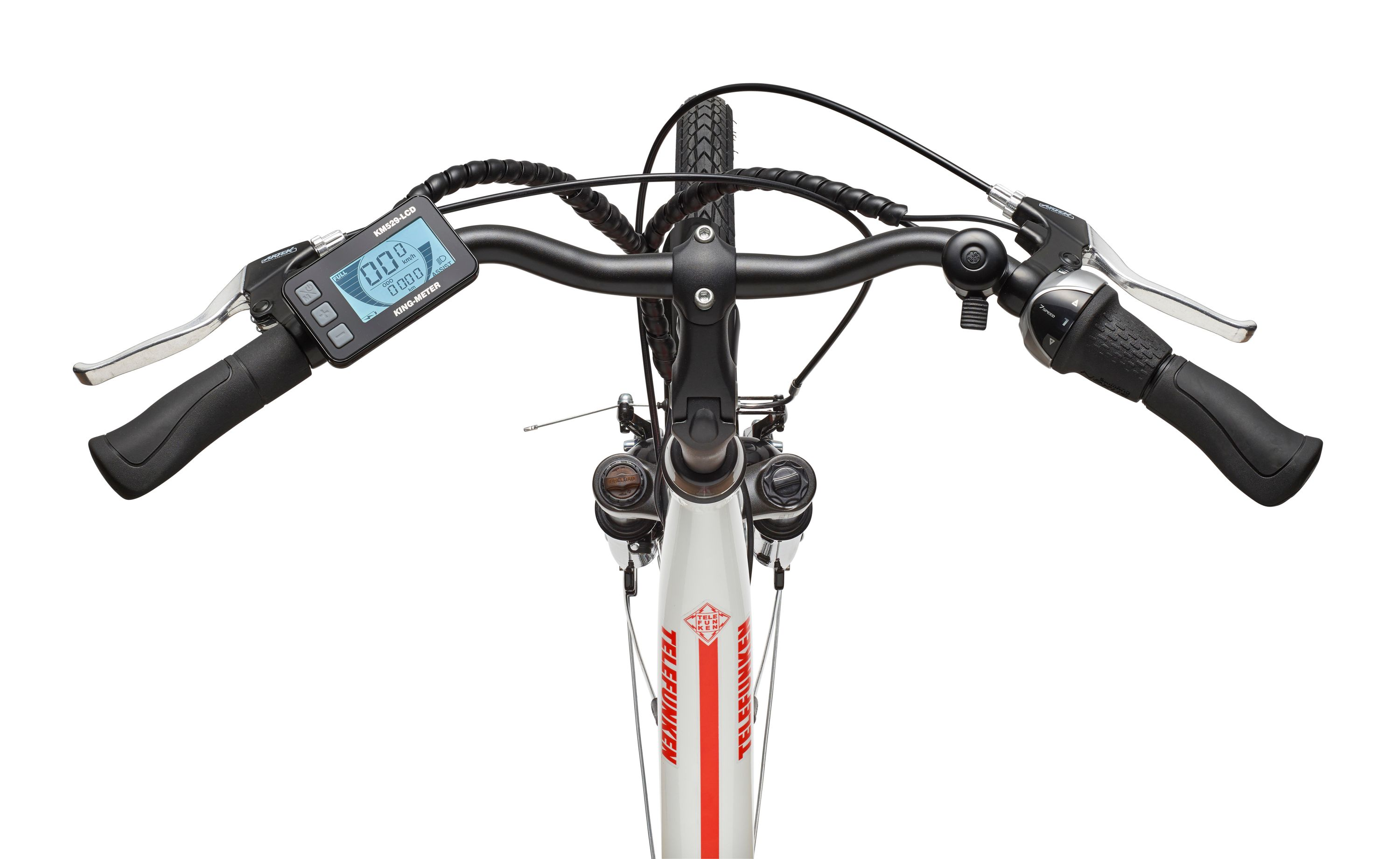 Ein Fahrradlenker mit digitalem Zähler, schwarzen Griffen und einem weiß-roten Rahmen.