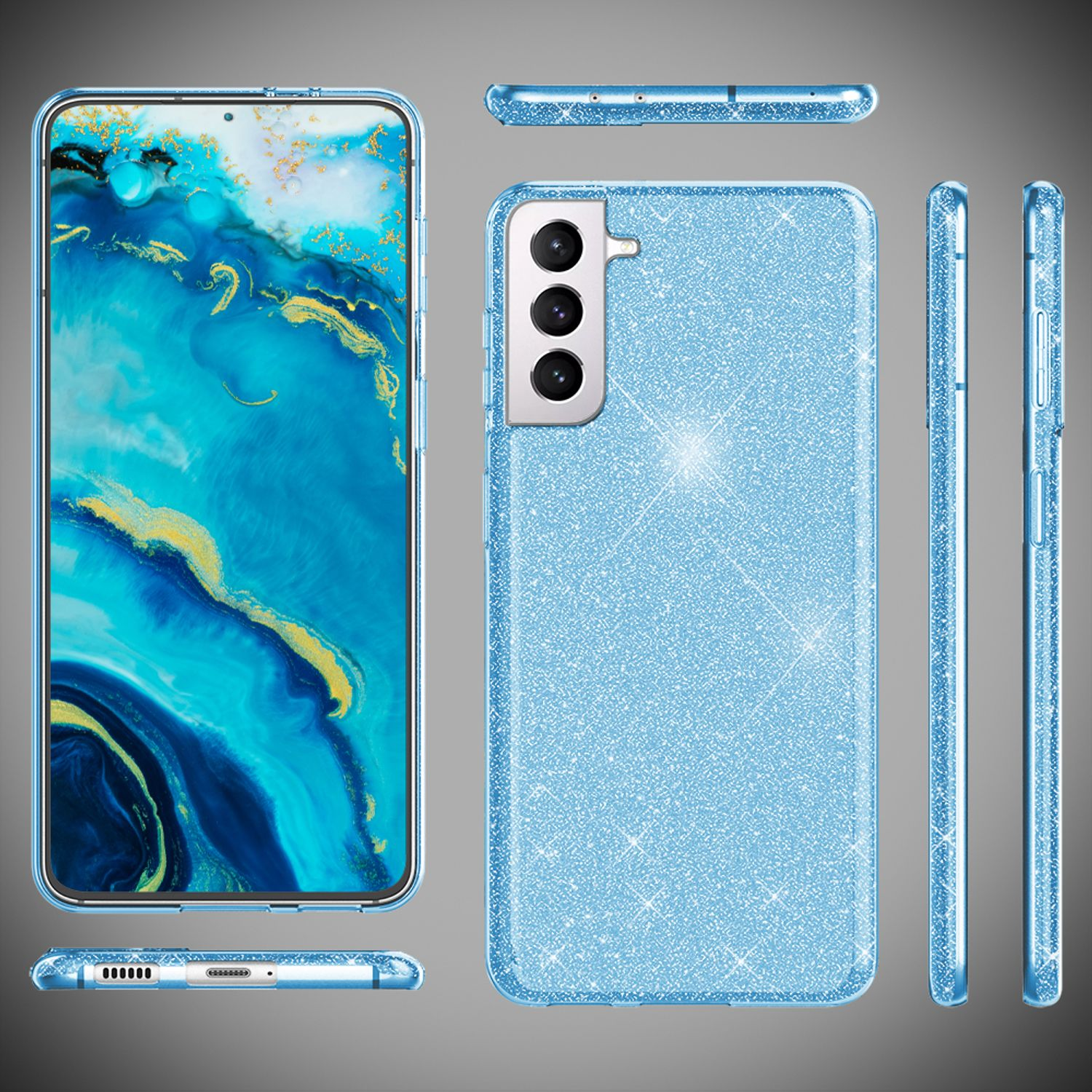 Una custodia per telefono con glitter e un telefono all'interno, che mostra diverse viste.