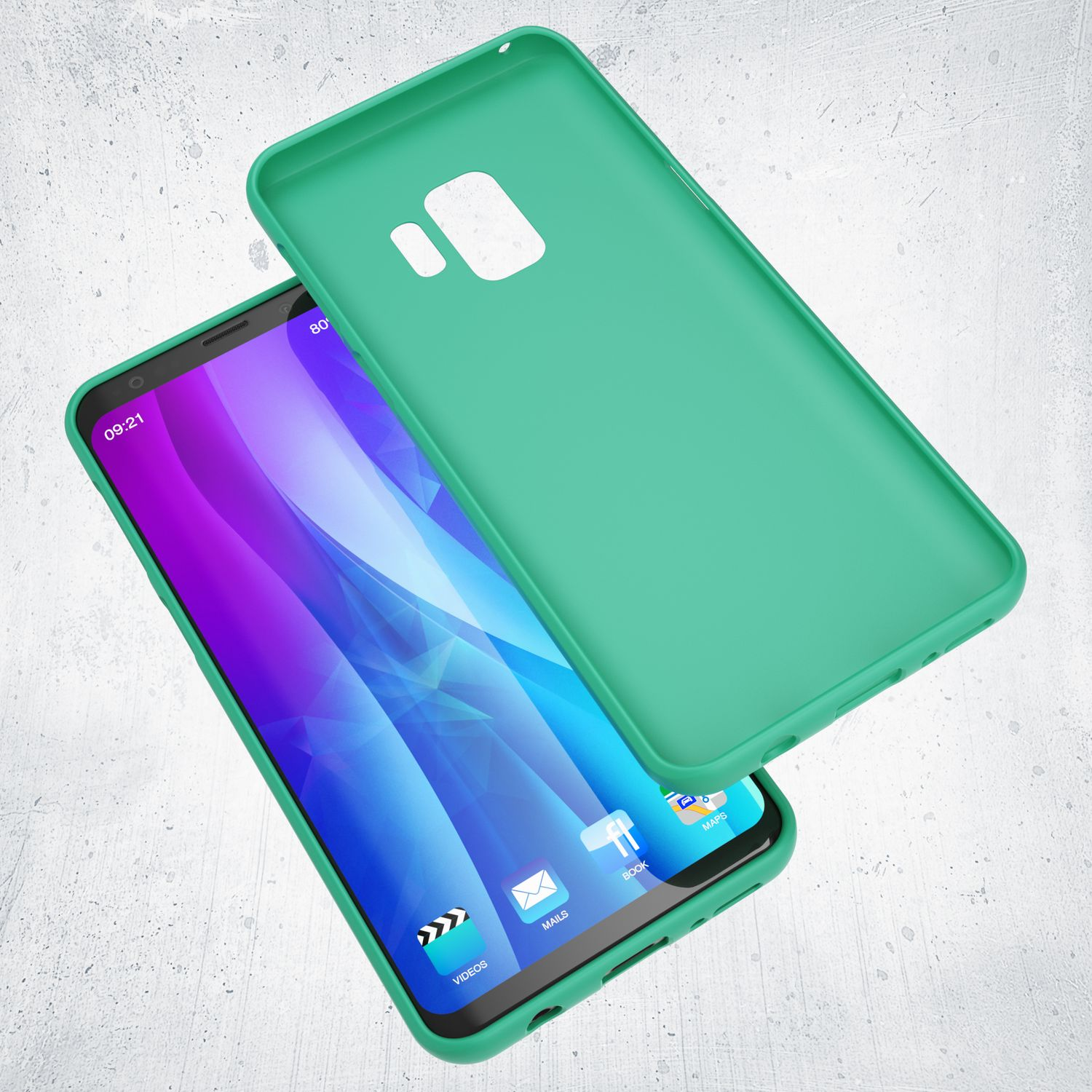 Grüne Handyhülle und Telefon, das Telefon ist an, Bildschirm zeigt Apps, vor grauem Hintergrund.