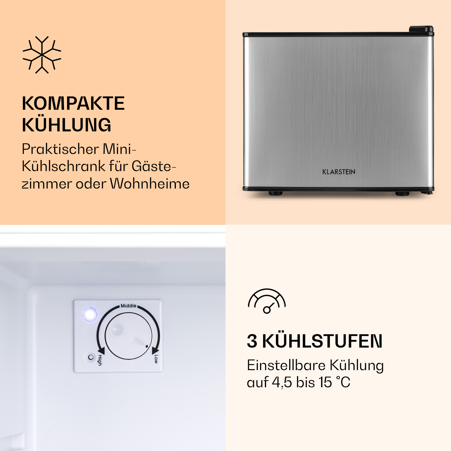 Mini-Kühlschrank mit Text und Symbolen. Der Kühlschrank hat eine silberne Tür und einen schwarzen Rahmen.