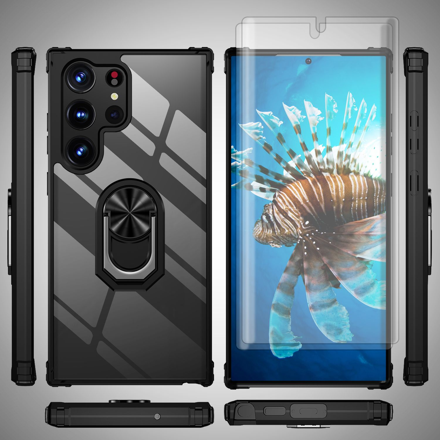 Schwarze Handyhülle mit Displayschutz, Ringhalter und Seitenansichten. Das Telefon wird angezeigt.
