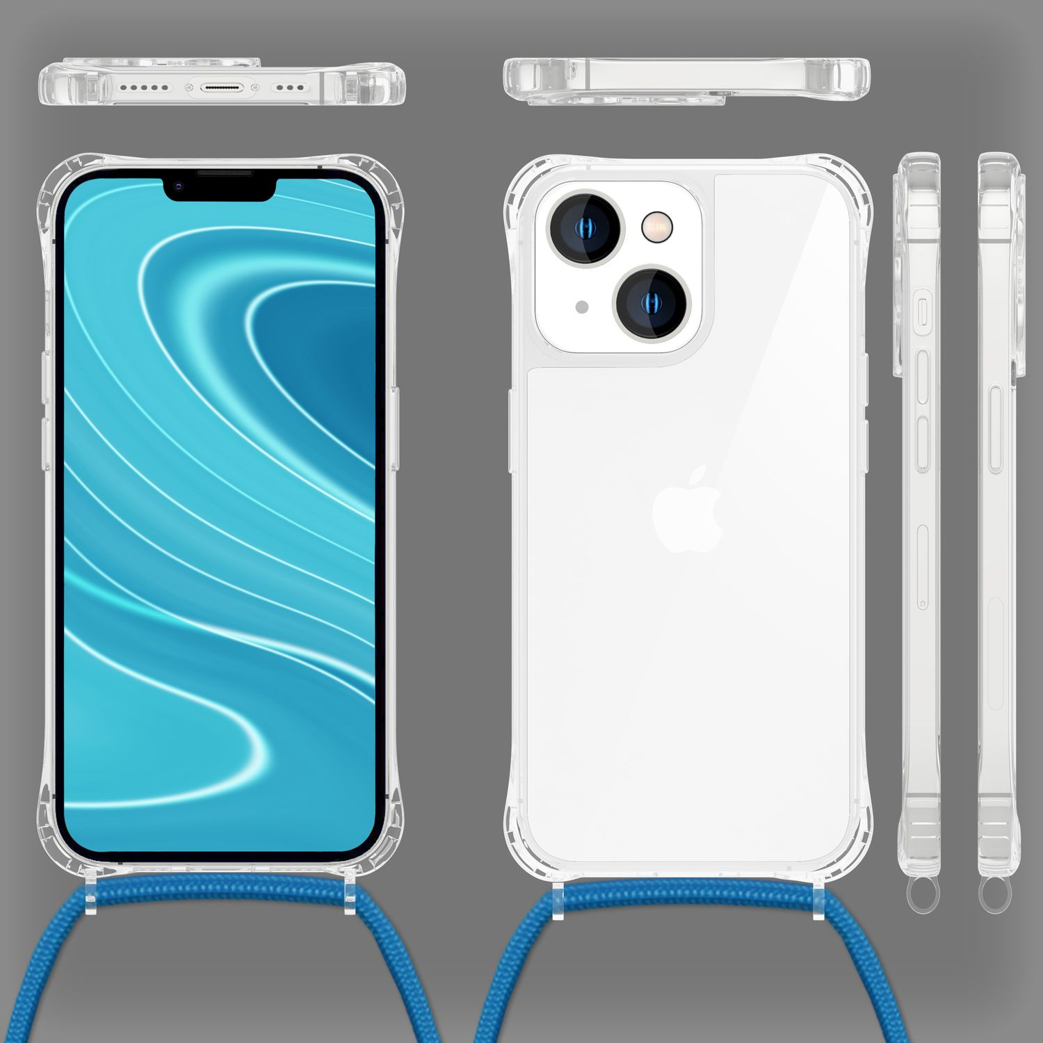Funda transparente con correa azul, con vistas laterales. El teléfono se muestra en la funda.