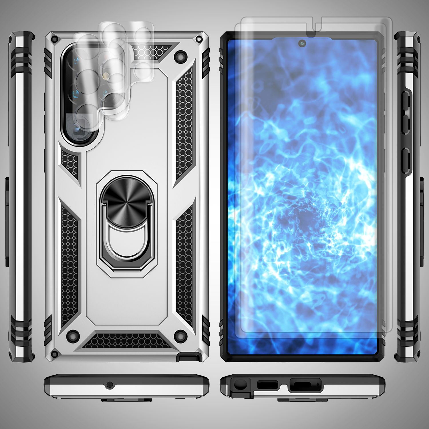 Handyhülle mit Ringhalter und Displayschutz, mit Seitenansichten. Das Telefon wird angezeigt.