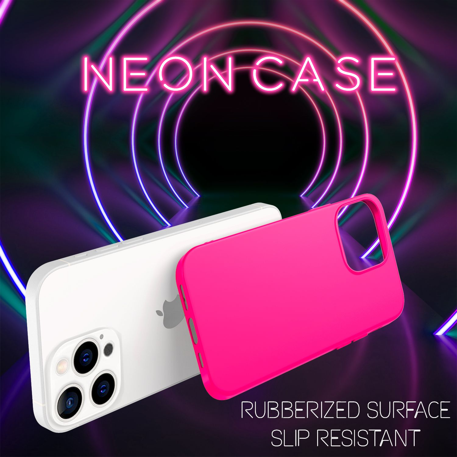 Zwei Handyhüllen, eine weiße und eine pinke, mit Neon-Hintergrund und Text.