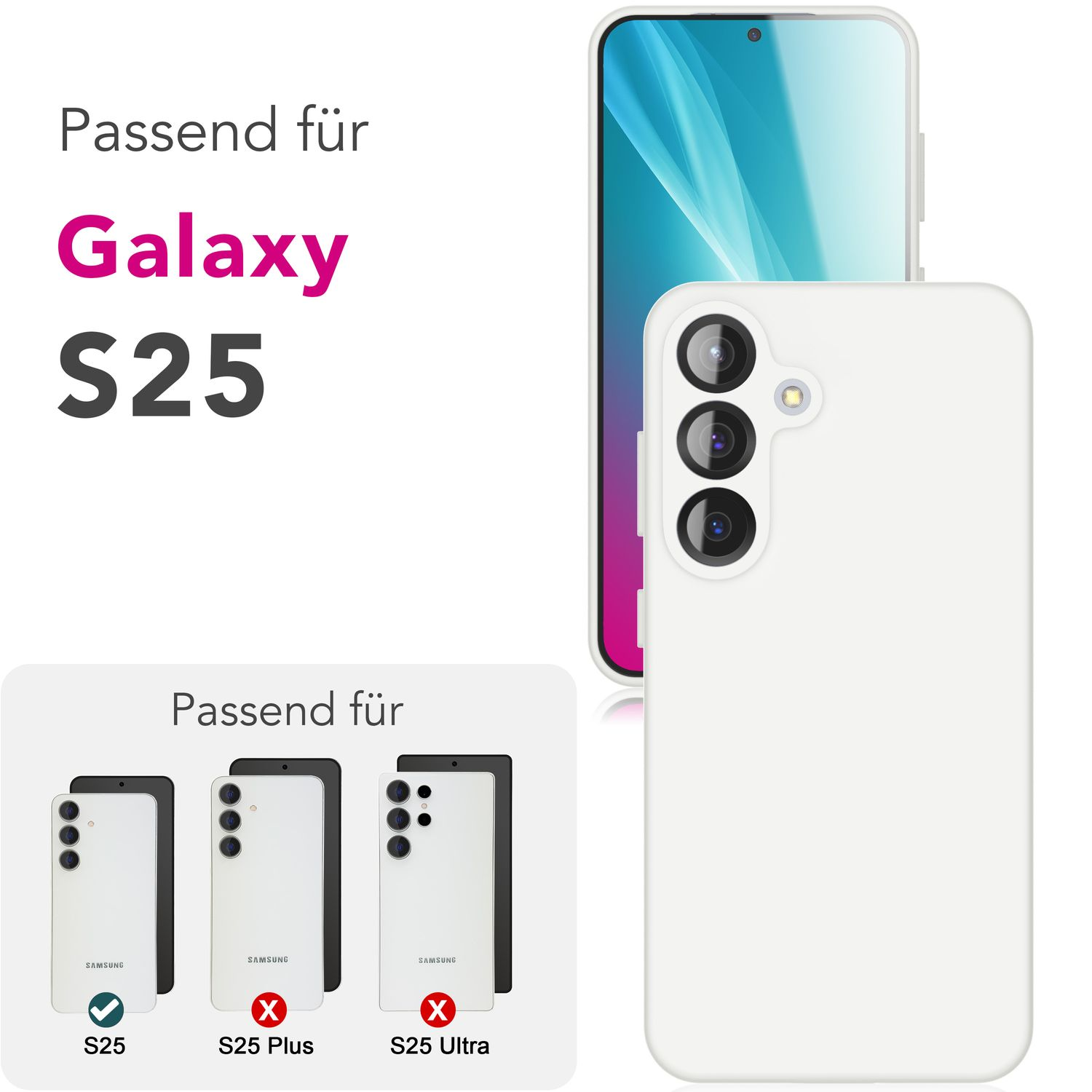 Weiße Handyhülle neben einem Telefon. Text, der die Kompatibilität mit Galaxy S25 und seinen Varianten anzeigt.