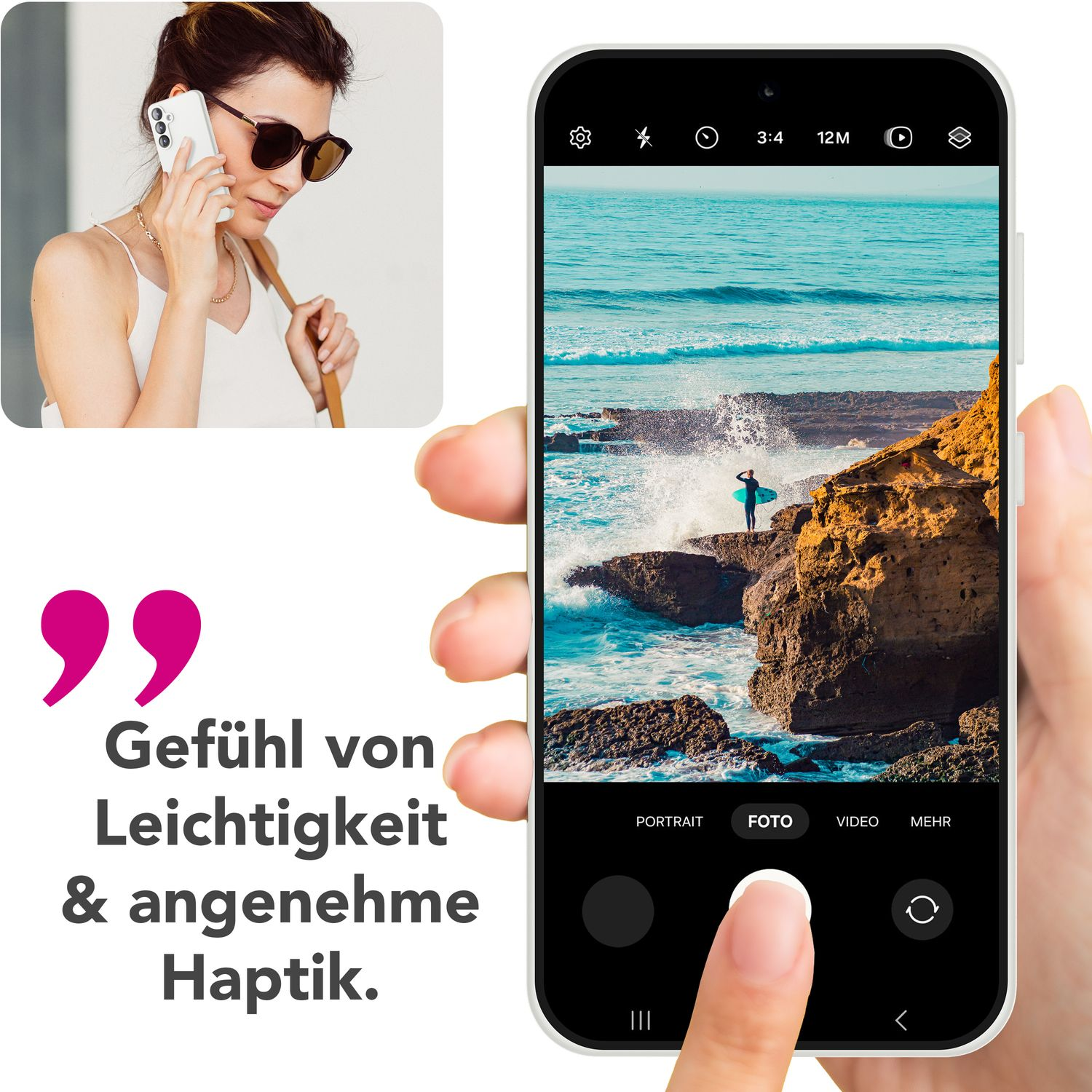 Frau telefoniert, Telefon zeigt Surfer im Wasser. Text: Gefühl von Leichtigkeit & angenehme Haptik.