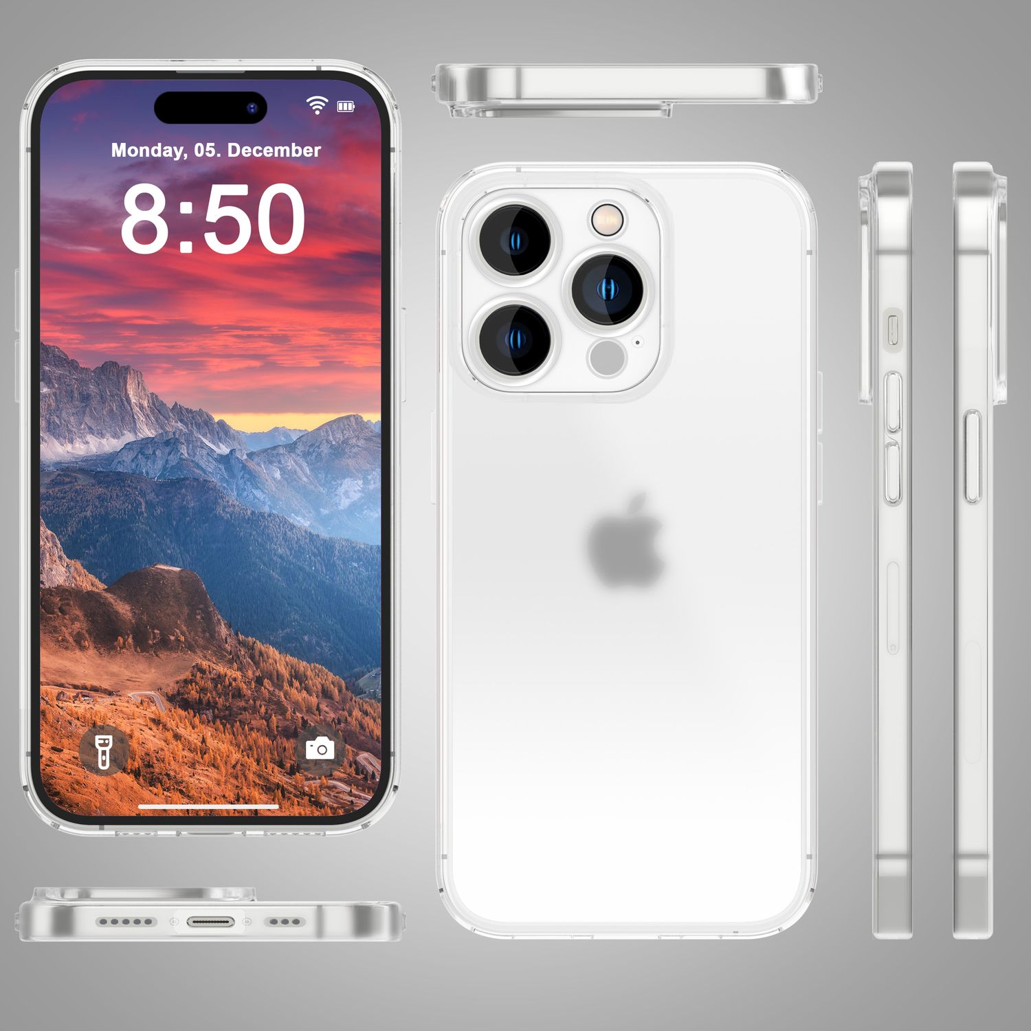 Weißes Telefon mit klarer Hülle, zeigt die Uhrzeit, Berge auf dem Bildschirm und Seitenansichten.