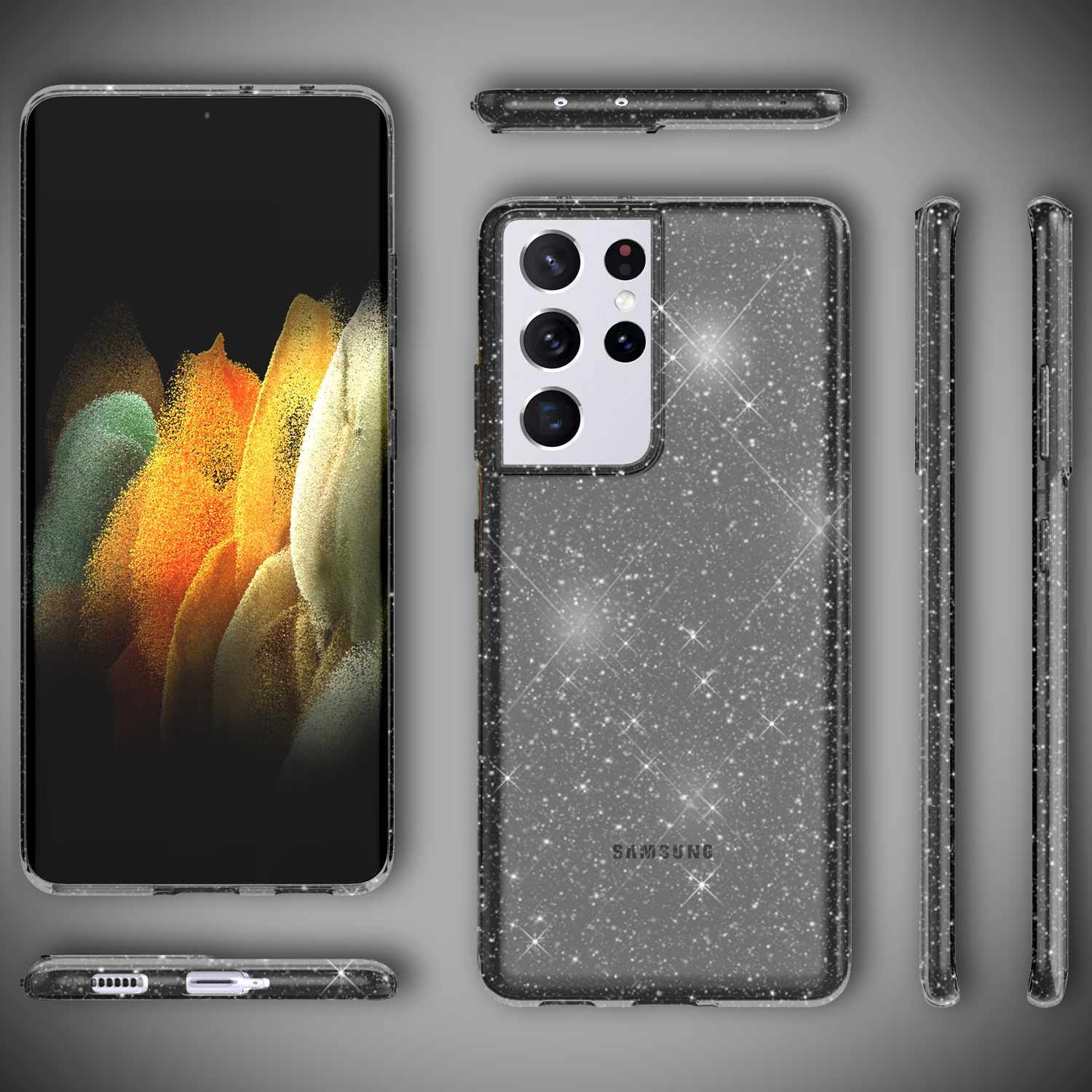 Schwarze Handyhülle mit Glitzereffekt. Seitenansichten zeigen das Telefon in der Hülle.