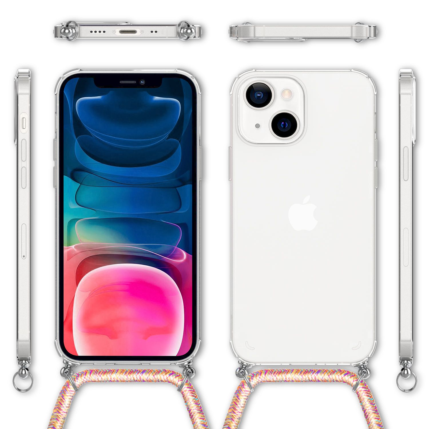 Funda transparente para teléfono con cordón, múltiples vistas del teléfono, mostrando el teléfono dentro.