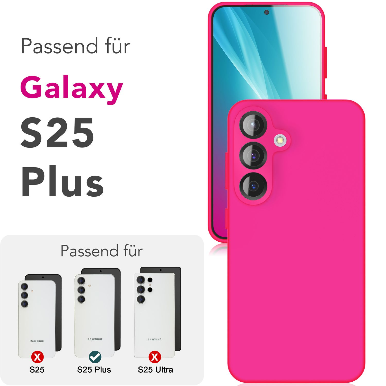 Eine pinke Handyhülle und ein Telefon. Text sagt: Galaxy S25 Plus. Telefonmodelle werden verglichen.