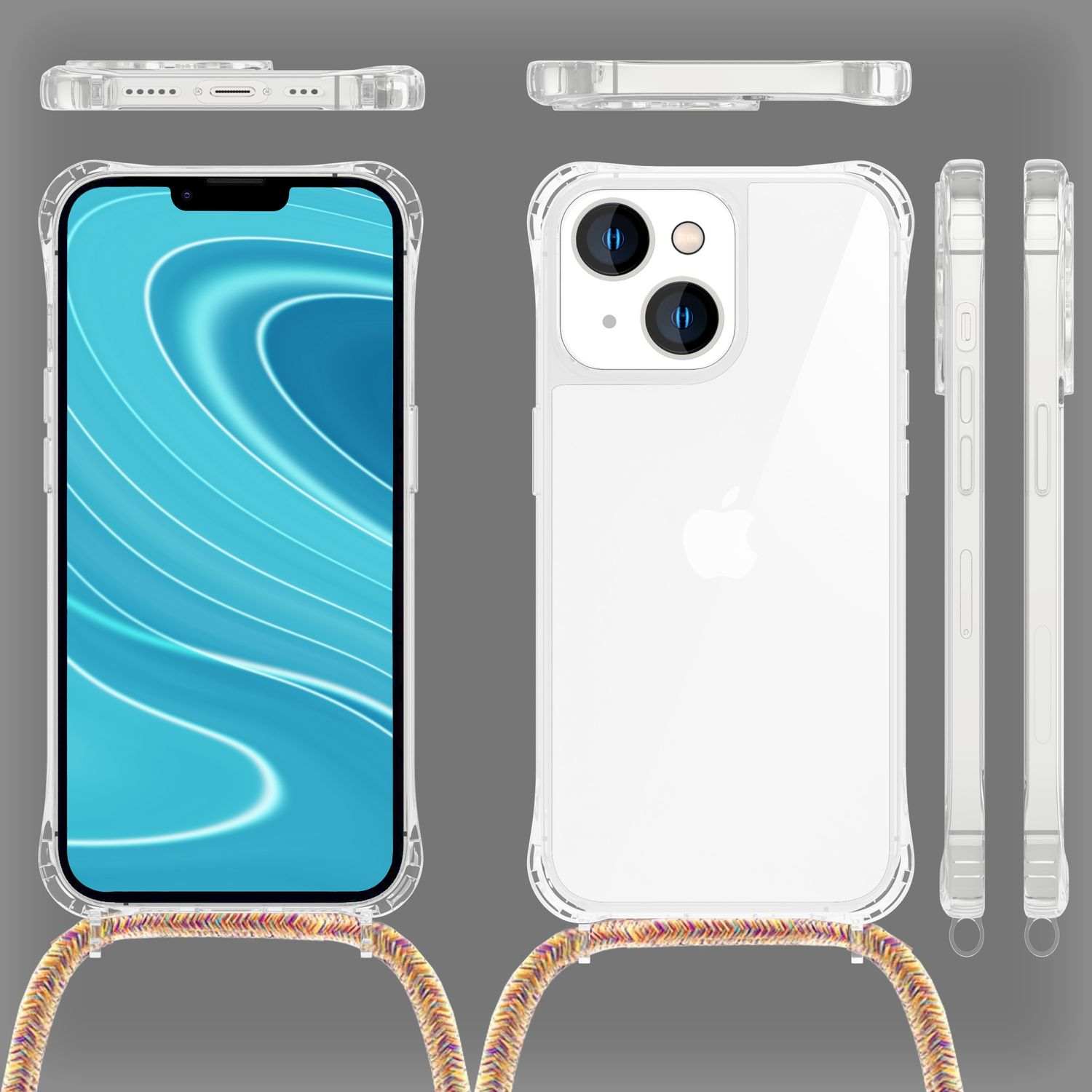 Maquetas de fundas para teléfonos. Teléfono en funda, con varios ángulos mostrados. Funda transparente con cable transparente y fondo gris.