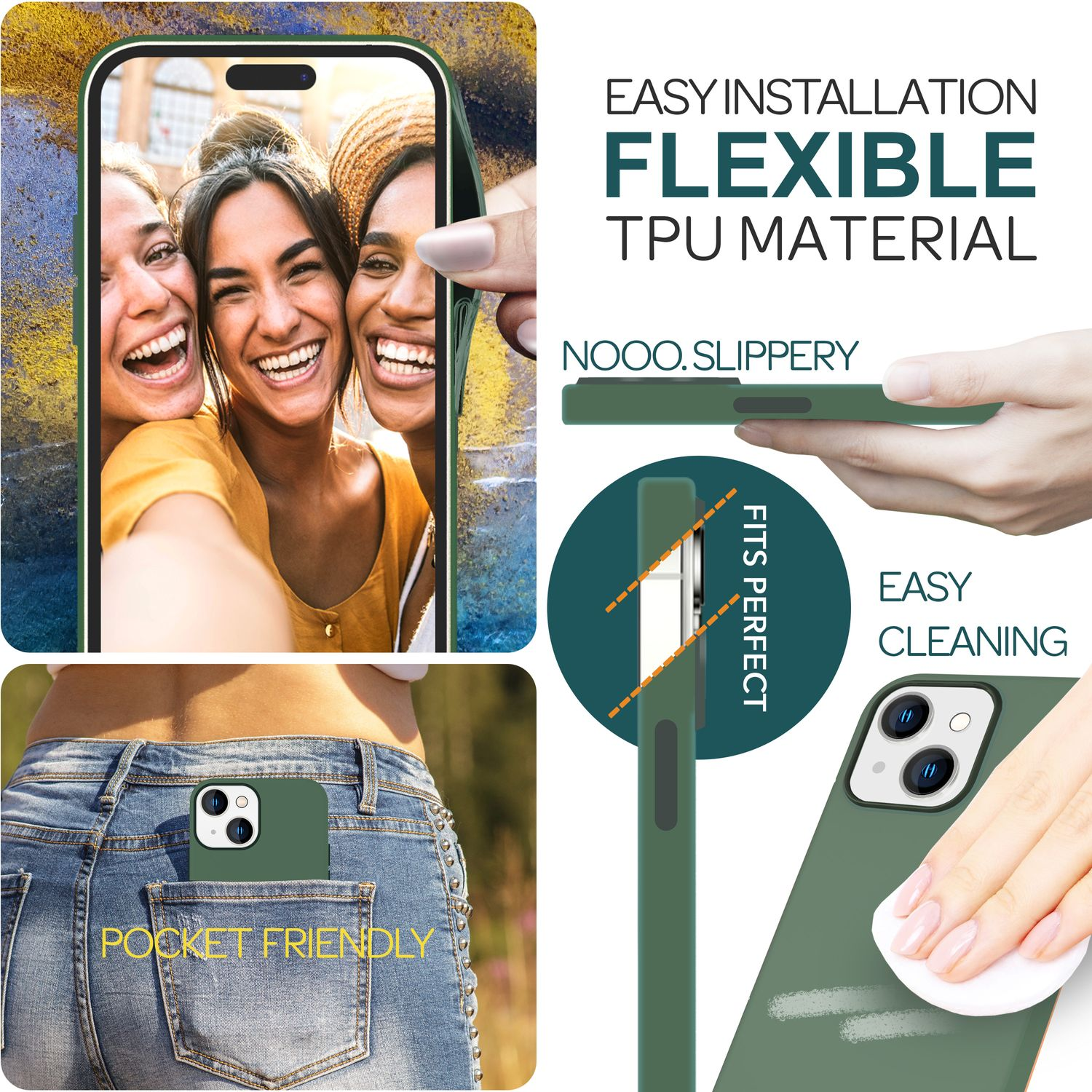 Leute machen ein Selfie mit einem Telefon in einer grünen Hülle. Ein Telefon ist in einer Tasche. Text: Einfache Installation.