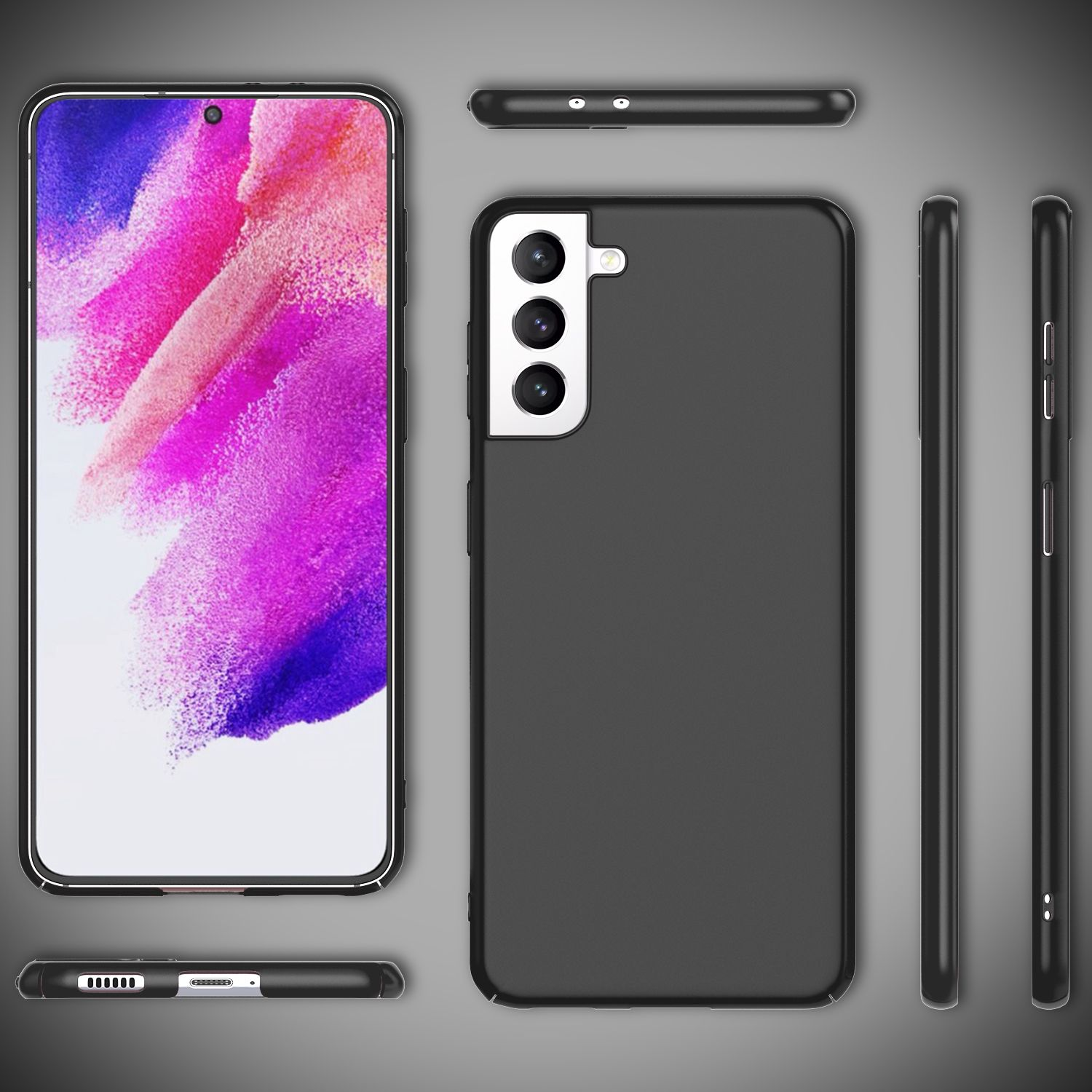 Handyhüllen-Mockups, verschiedene Winkel gezeigt. Schwarze Hülle mit grauem Hintergrund.