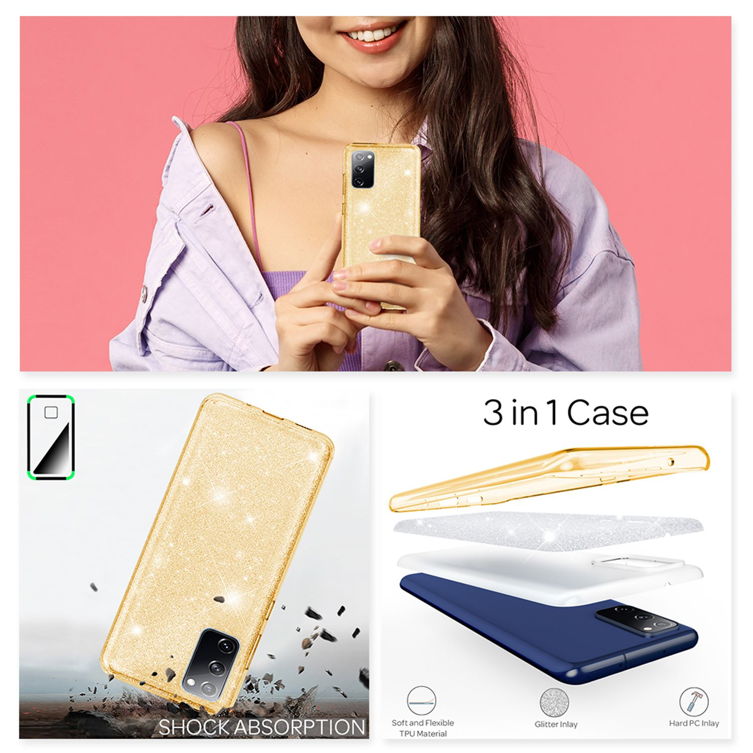 Eine Frau hält eine goldene Handyhülle. Es ist eine 3-in-1-Hülle, mit Glitzer- und Hart-PC-Einlage.