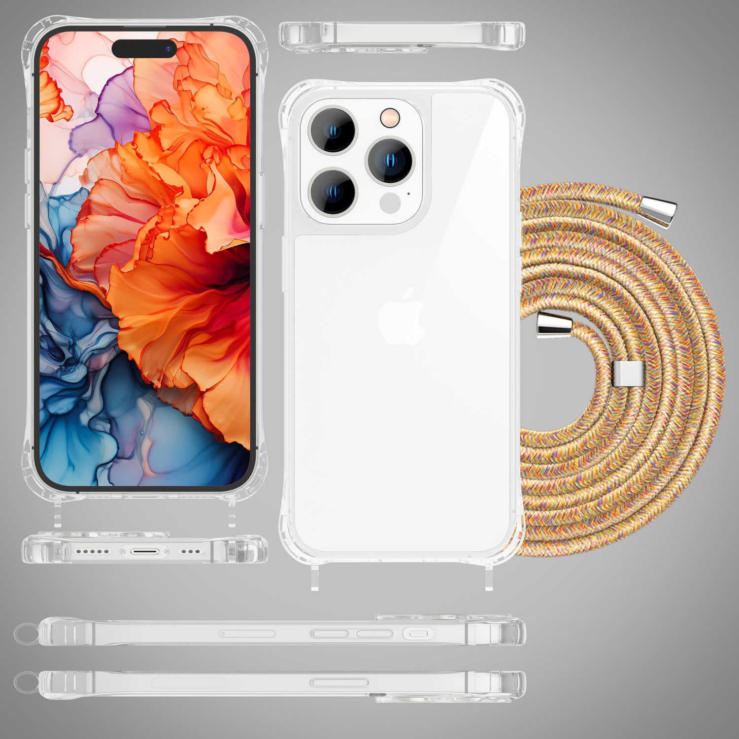 Handyhüllen-Mockups, verschiedene Winkel gezeigt. Transparente Hülle mit orangefarbenem Kordel und grauem Hintergrund.