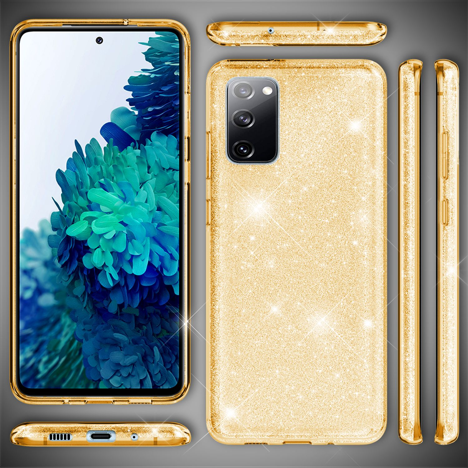 Goldene Glitzer-Handyhülle mit Telefon. Das Telefon ist auch goldfarben und glitzernd.