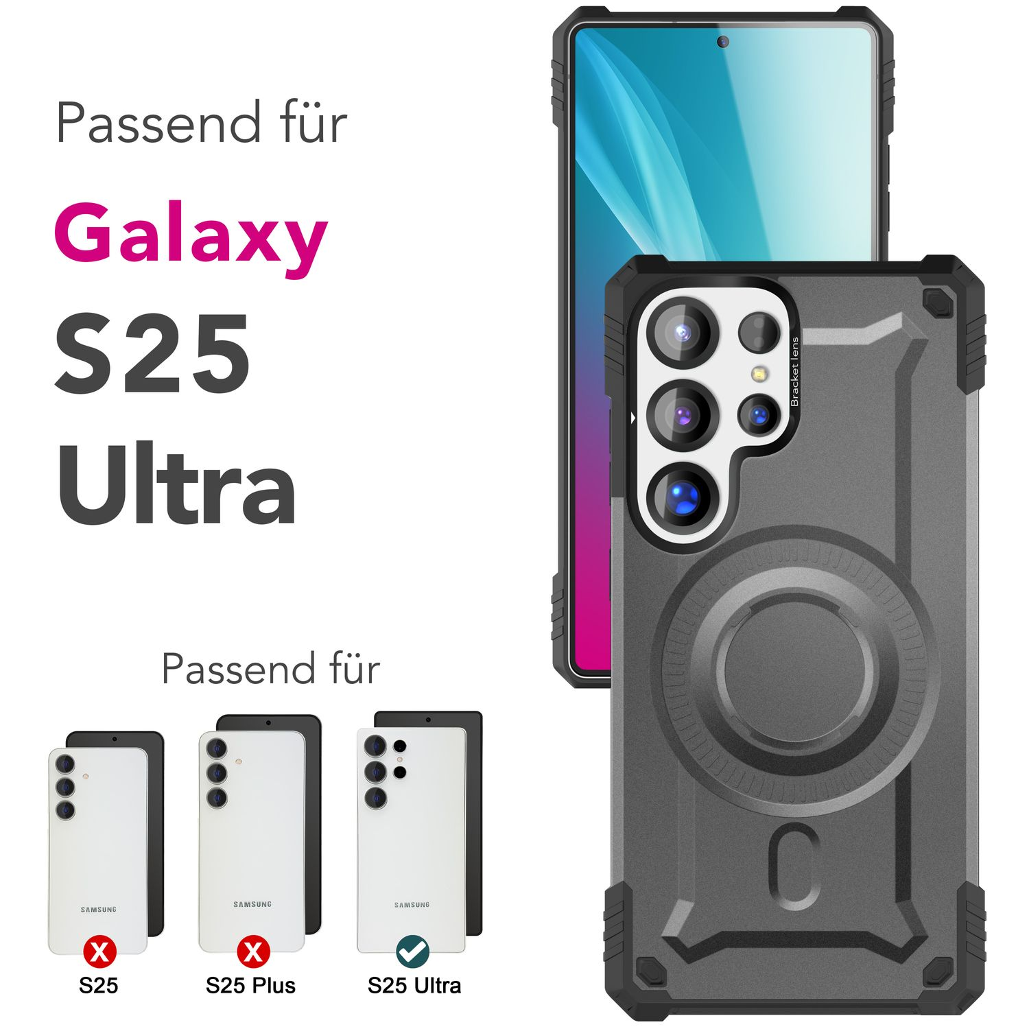 Handyhüllen für ein Samsung Galaxy S25 Ultra. Hüllen sind grau und schwarz, auf blauem Hintergrund.