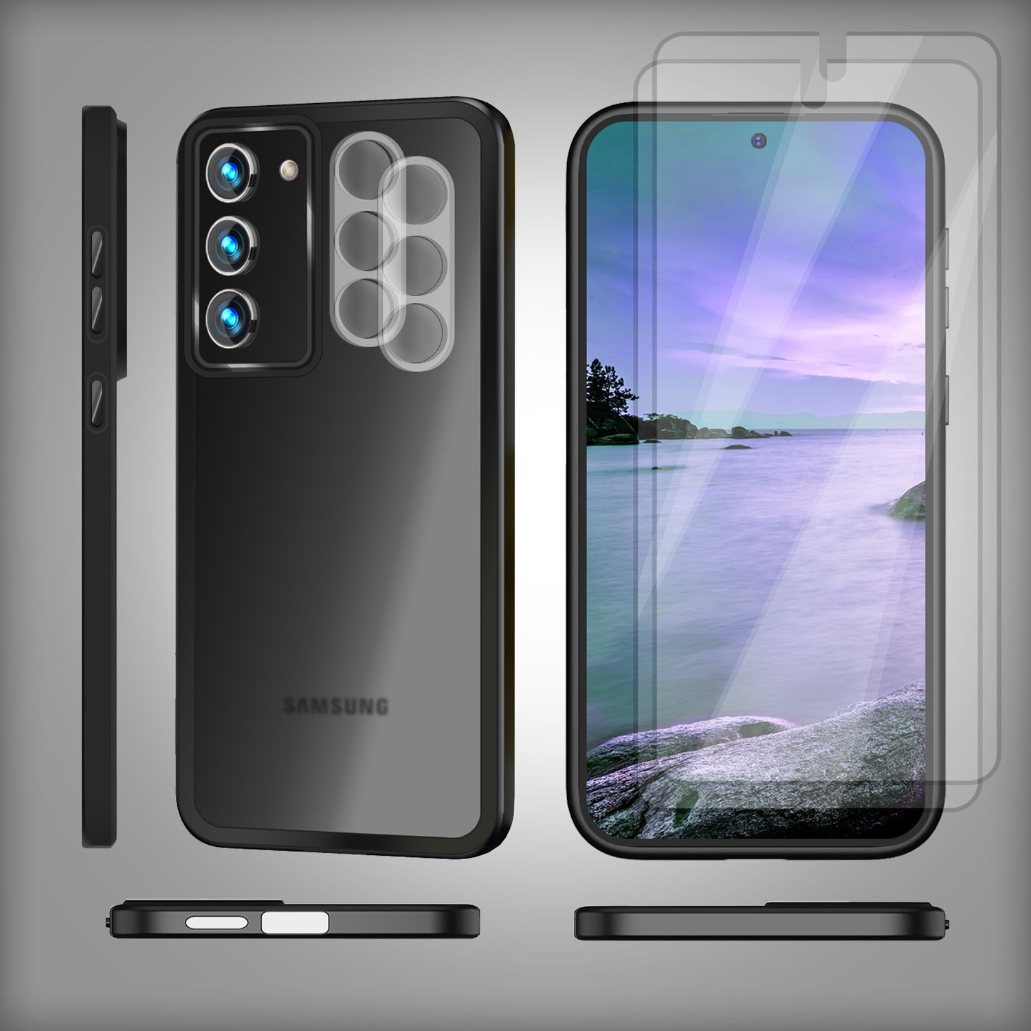 Telefon und Displayschutz mit schwarzem Rand. Der Hintergrund ist grau mit Reflexion.