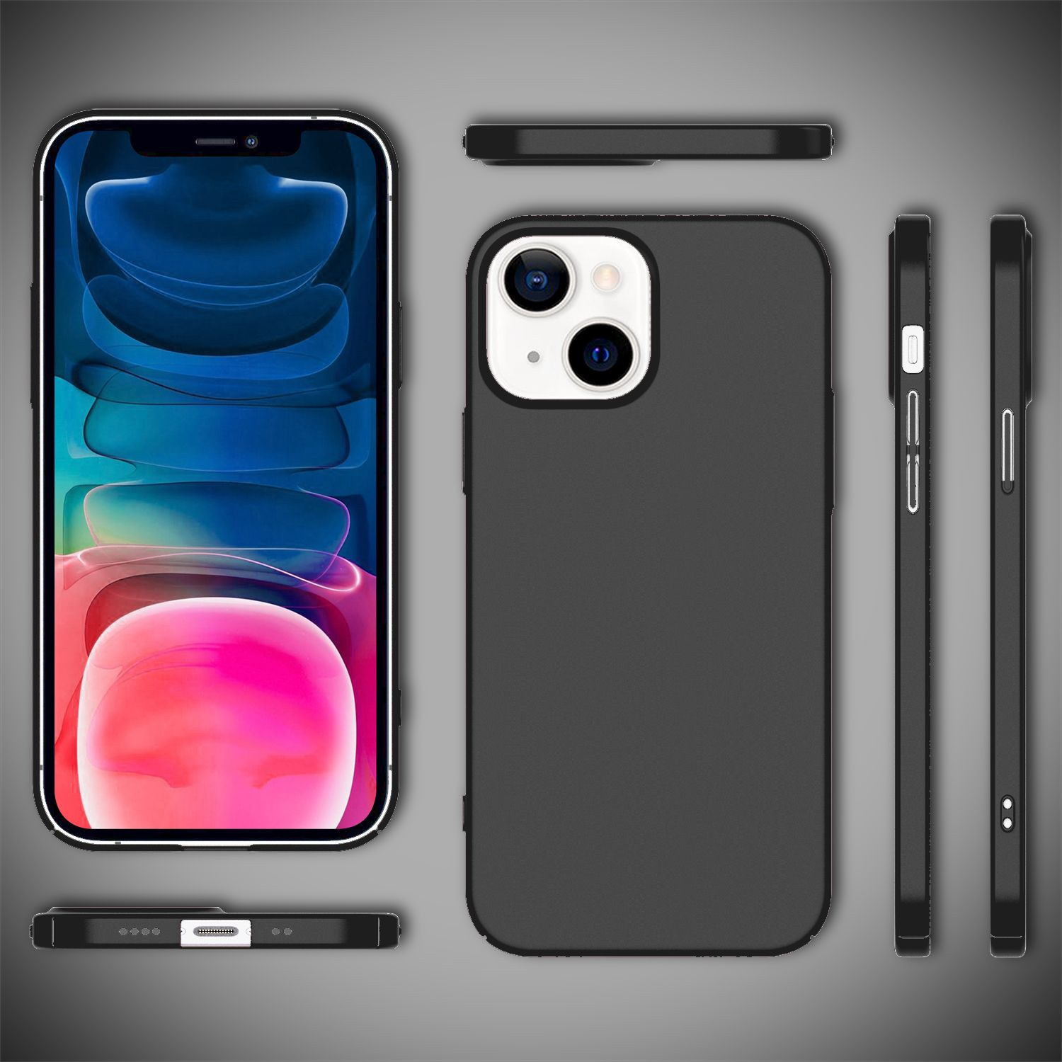 Funda de teléfono negra con teléfono, mostrando vistas laterales. La funda es negra con recortes para cámara y botones.