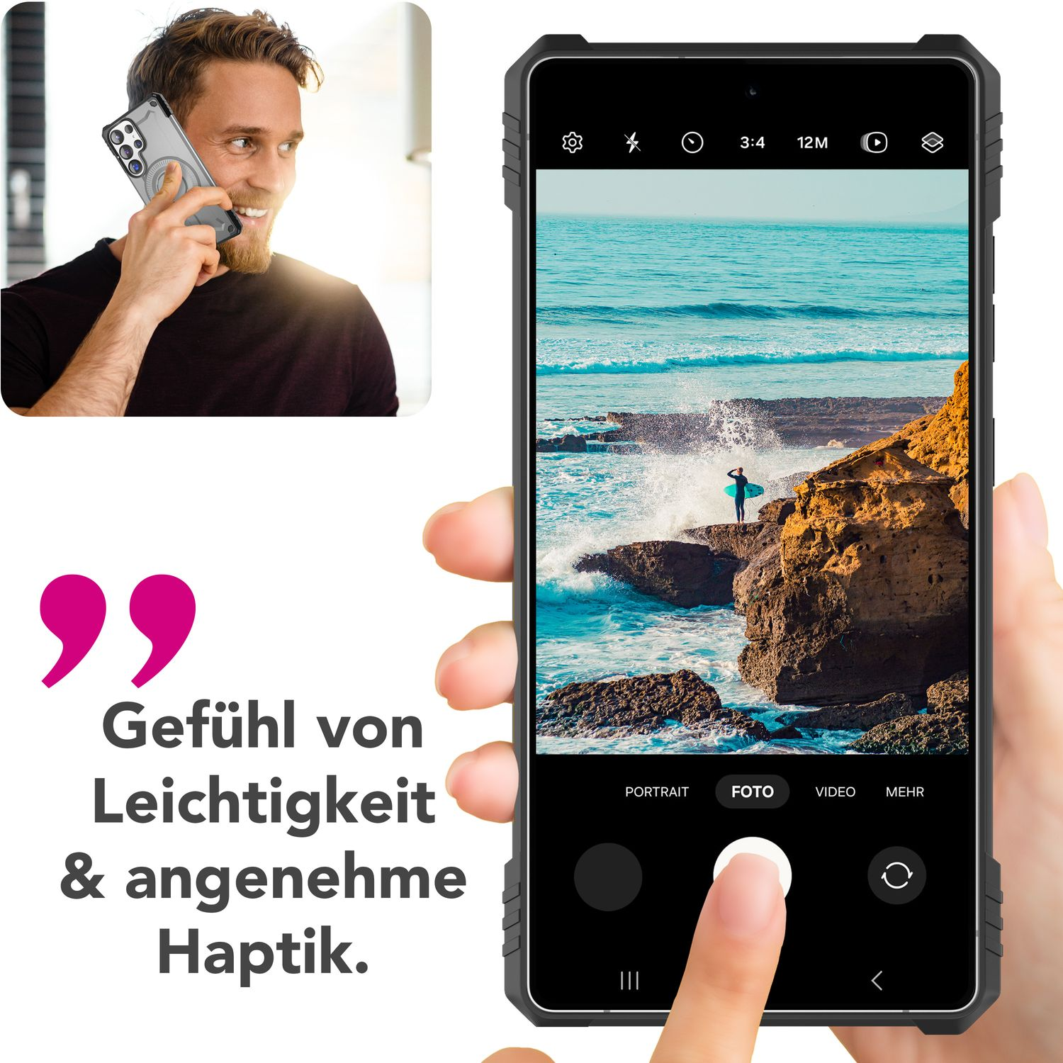 Mann telefoniert, hält Telefon mit Hülle. Foto eines Surfers. Text rechts.