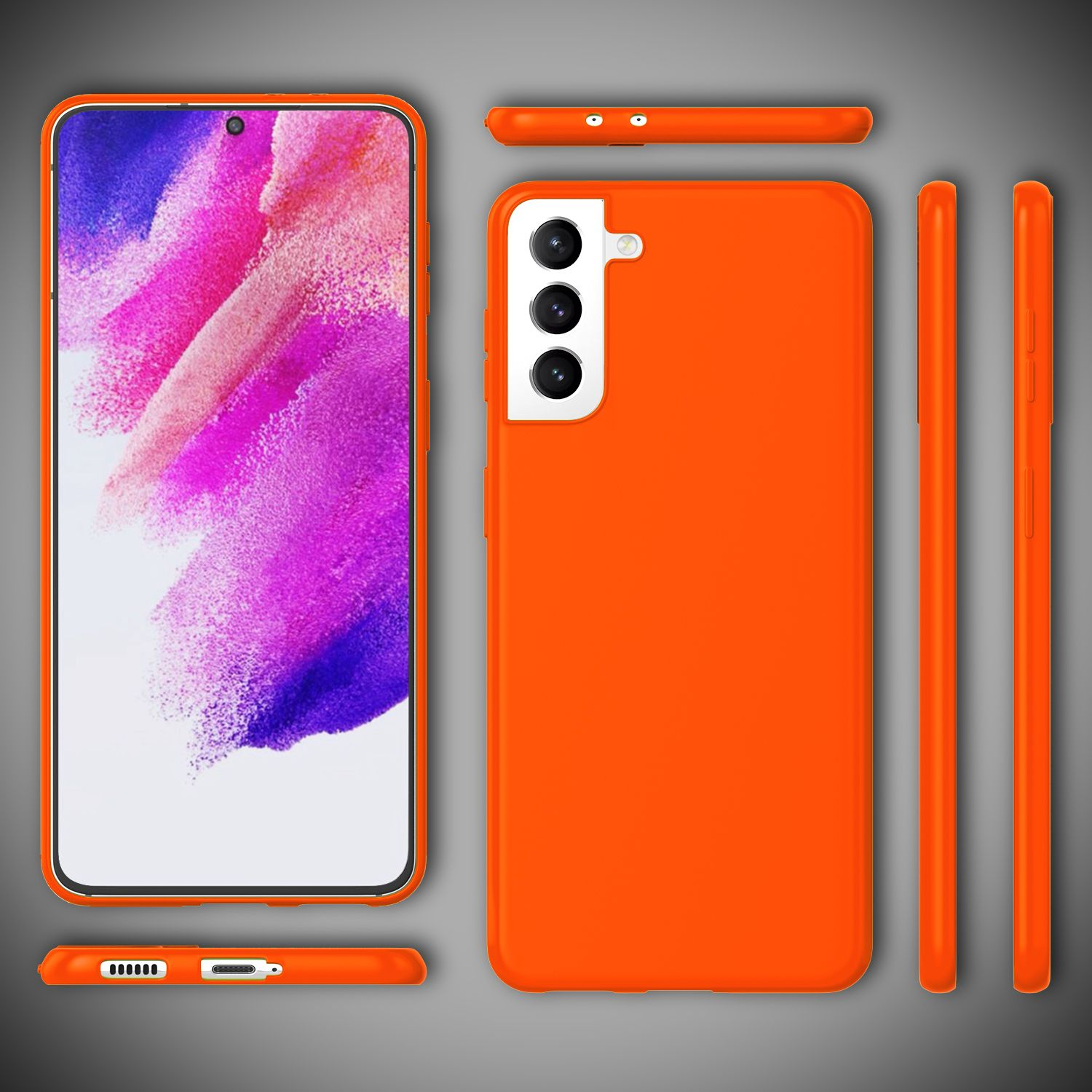 Eine orangefarbene Handyhülle, Seitenansichten und Telefondisplay. Eine leuchtend orangefarbene Hülle und Telefon werden gezeigt.