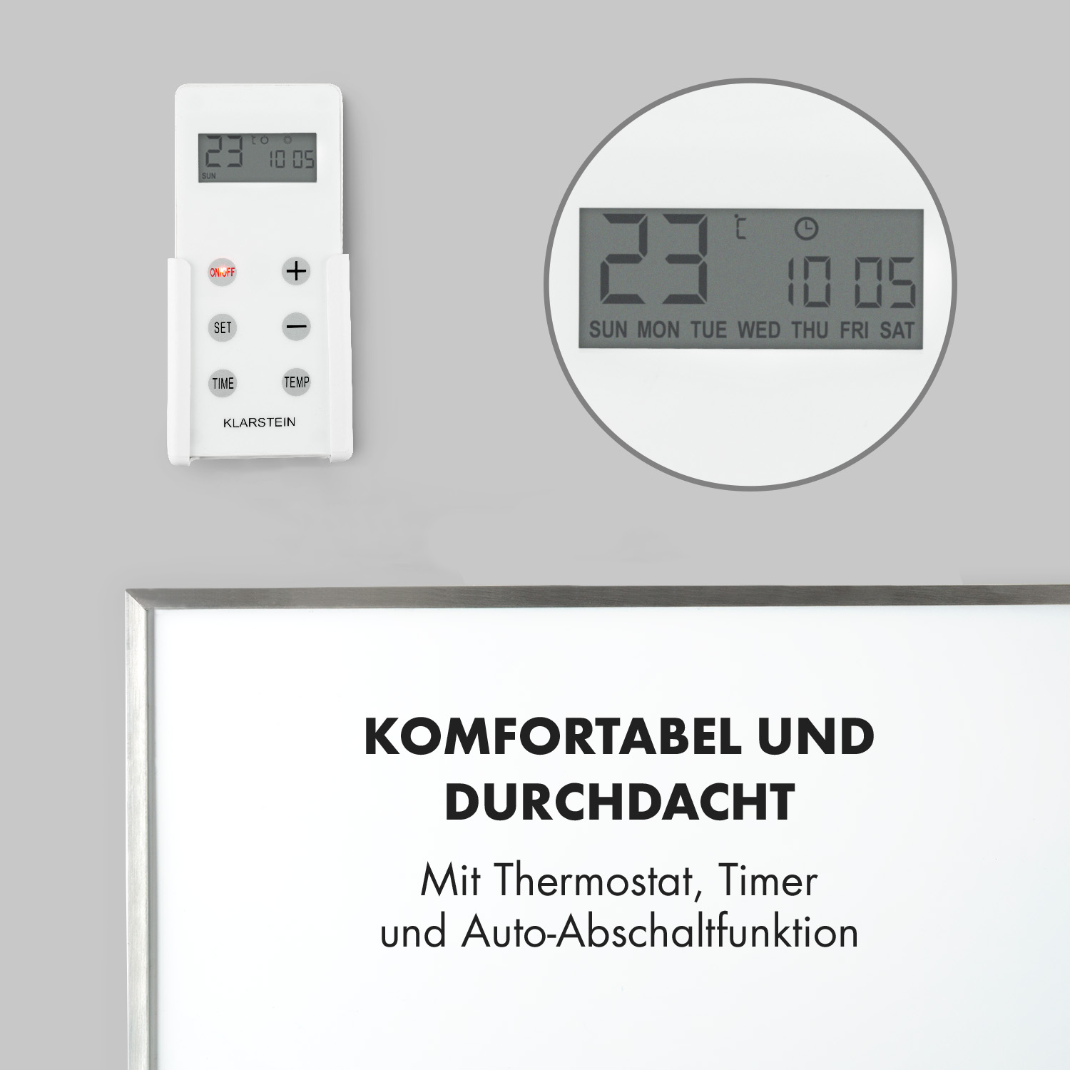 Weiße Fernbedienung und Digitalanzeige, mit Text auf Deutsch.