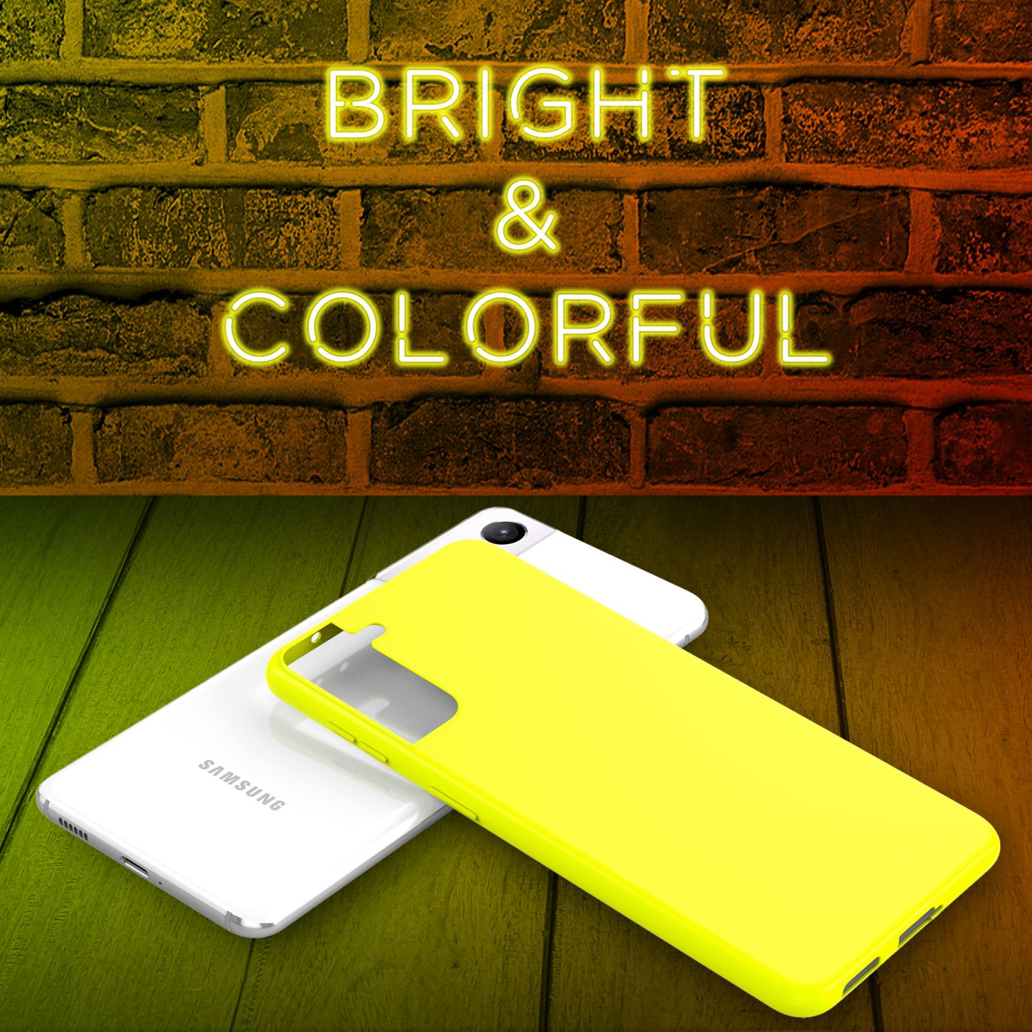 Zwei Handys: ein weißes Samsung und eine gelbe Hülle. Neon-Schild: BRIGHT & COLORFUL auf Backsteinmauer-Hintergrund.