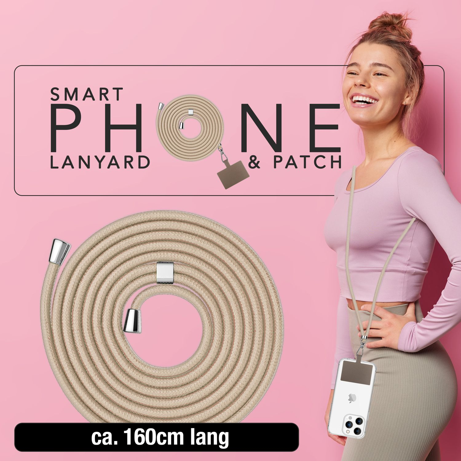 Mujer con un cordón para smartphone. El texto dice 'CORDÓN Y PARCHE PARA TELÉFONO INTELIGENTE', con teléfono y cordón visibles.