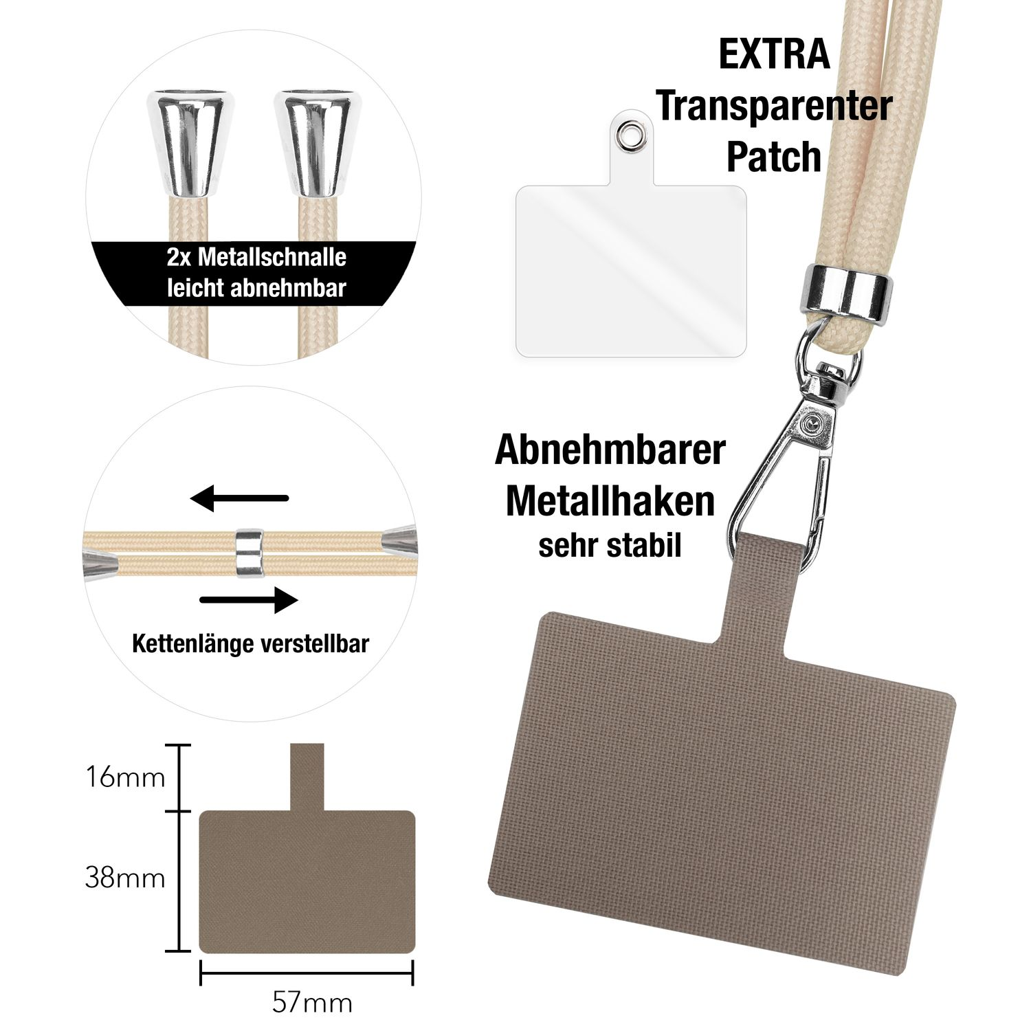Accesorios para el teléfono. Correa con puntos de fijación. Se muestran las dimensiones del producto.