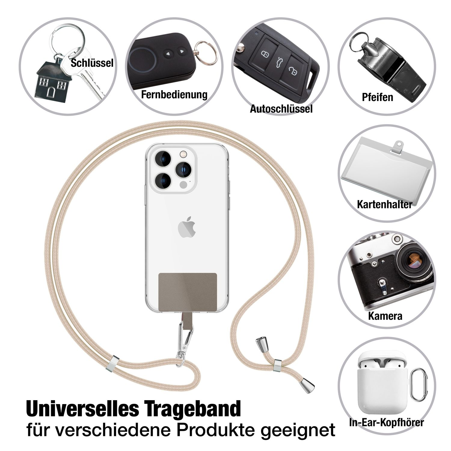 Teléfono con varios accesorios: llaves, mando, llave de coche, silbato, tarjetero, cámara y AirPods.