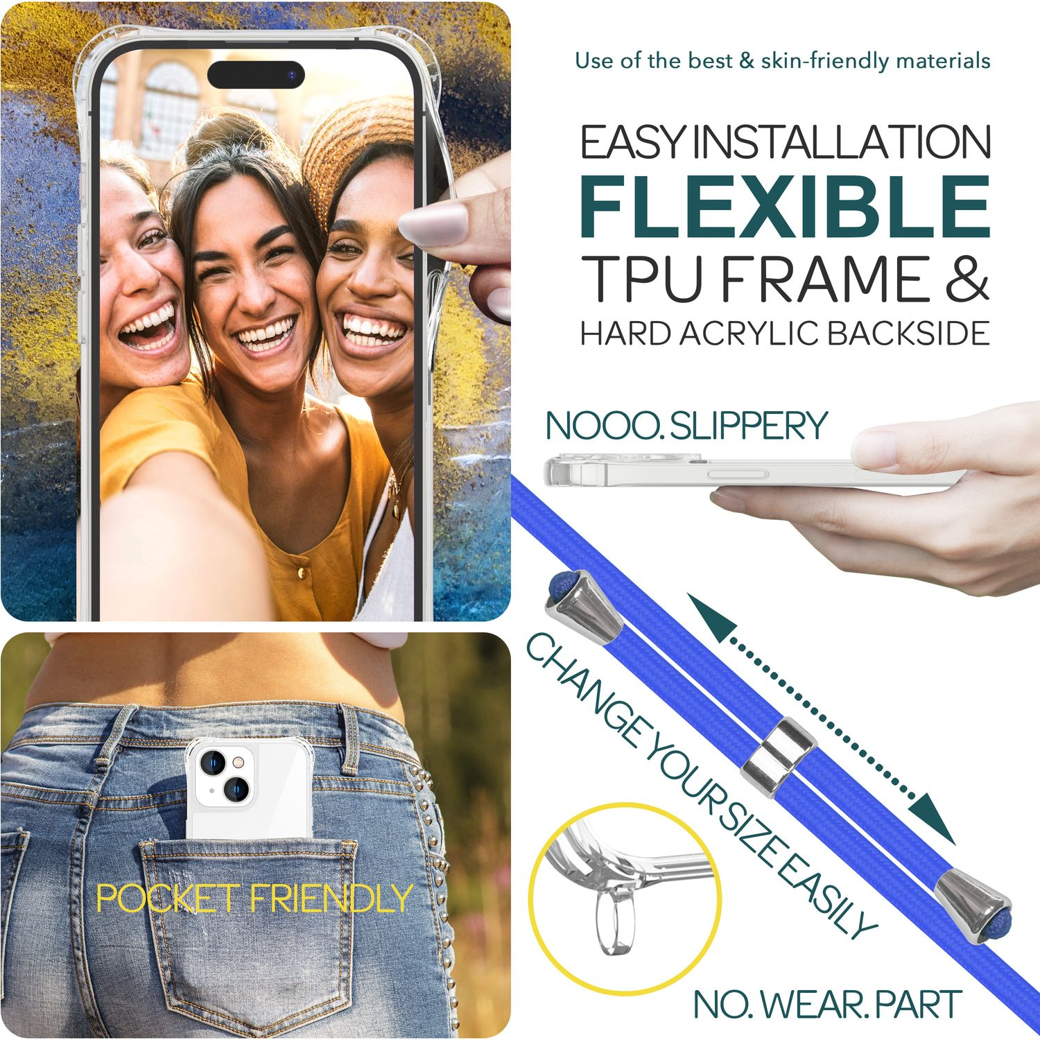 Tre donne sorridono per un selfie, viene mostrata una custodia per telefono. Testo: Telaio in TPU flessibile e retro in acrilico.