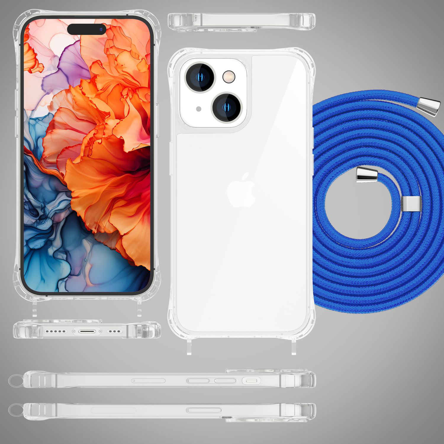 Custodia per telefono con cinturino. La custodia è trasparente con un design colorato all'interno. Sono mostrate più viste.