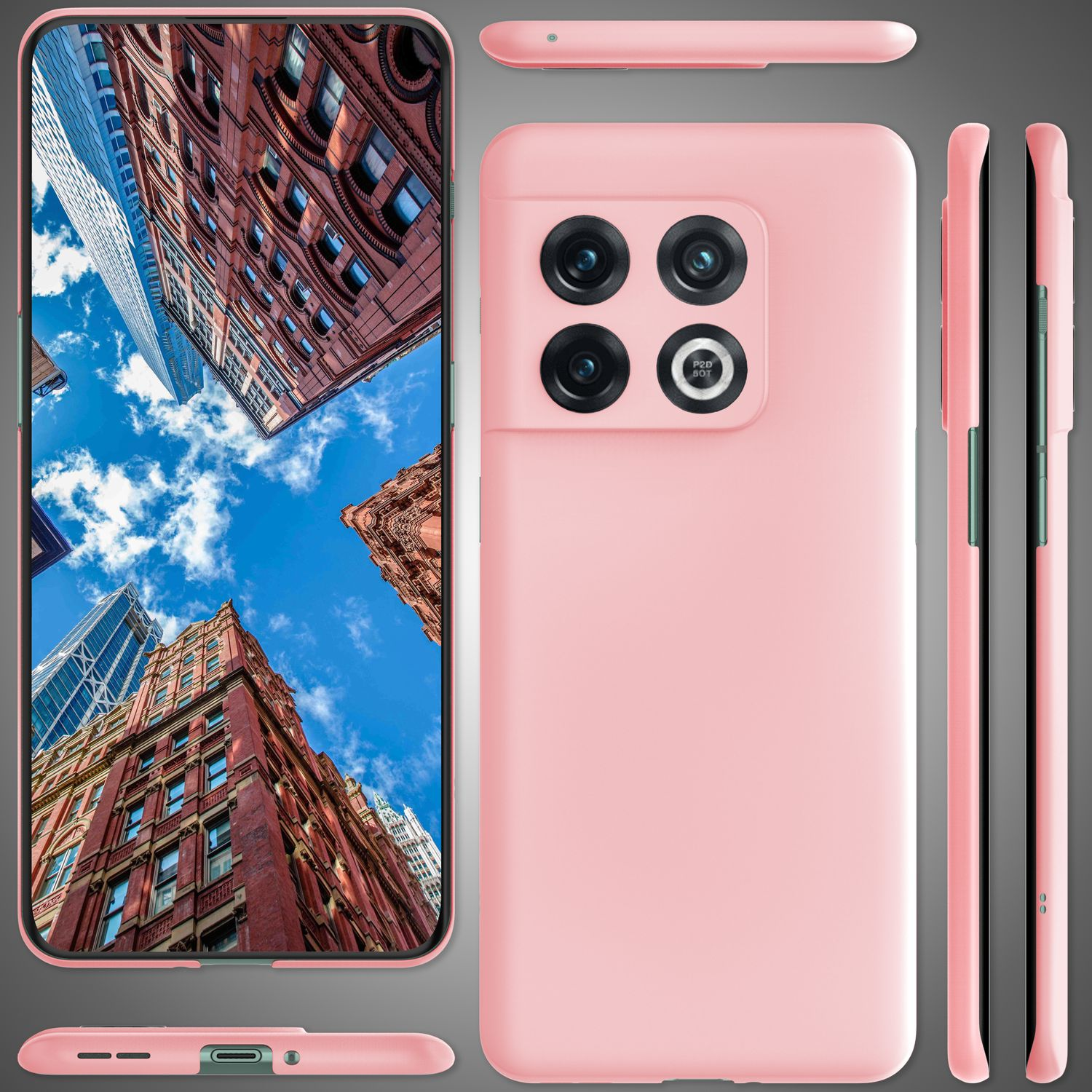 Custodia per telefono rosa con quattro obiettivi. Viste multiple mostrate.