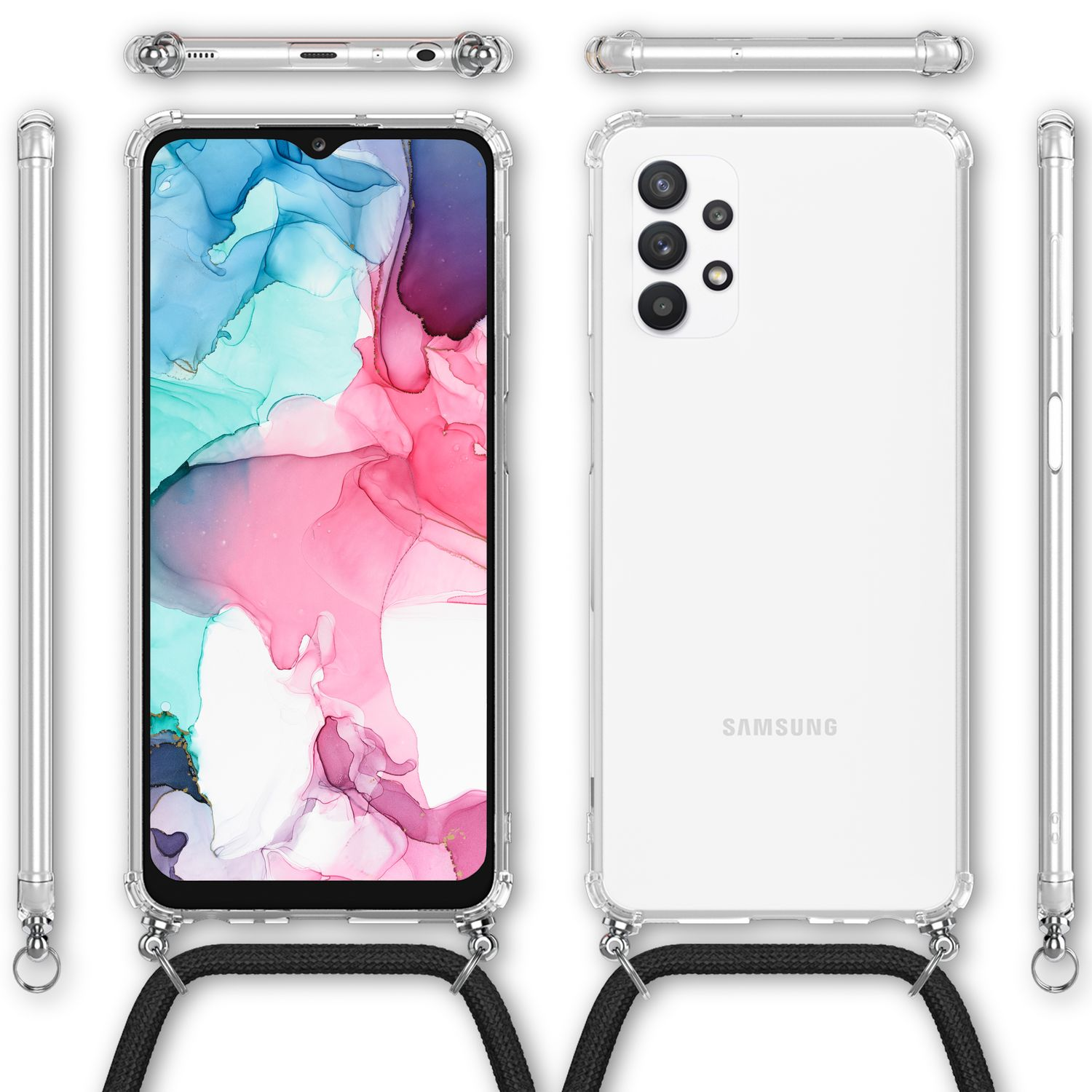 Handyhülle und Trageriemen. Die Hülle ist transparent mit farbenfrohem Design. Mehrere Ansichten mit Riemen.